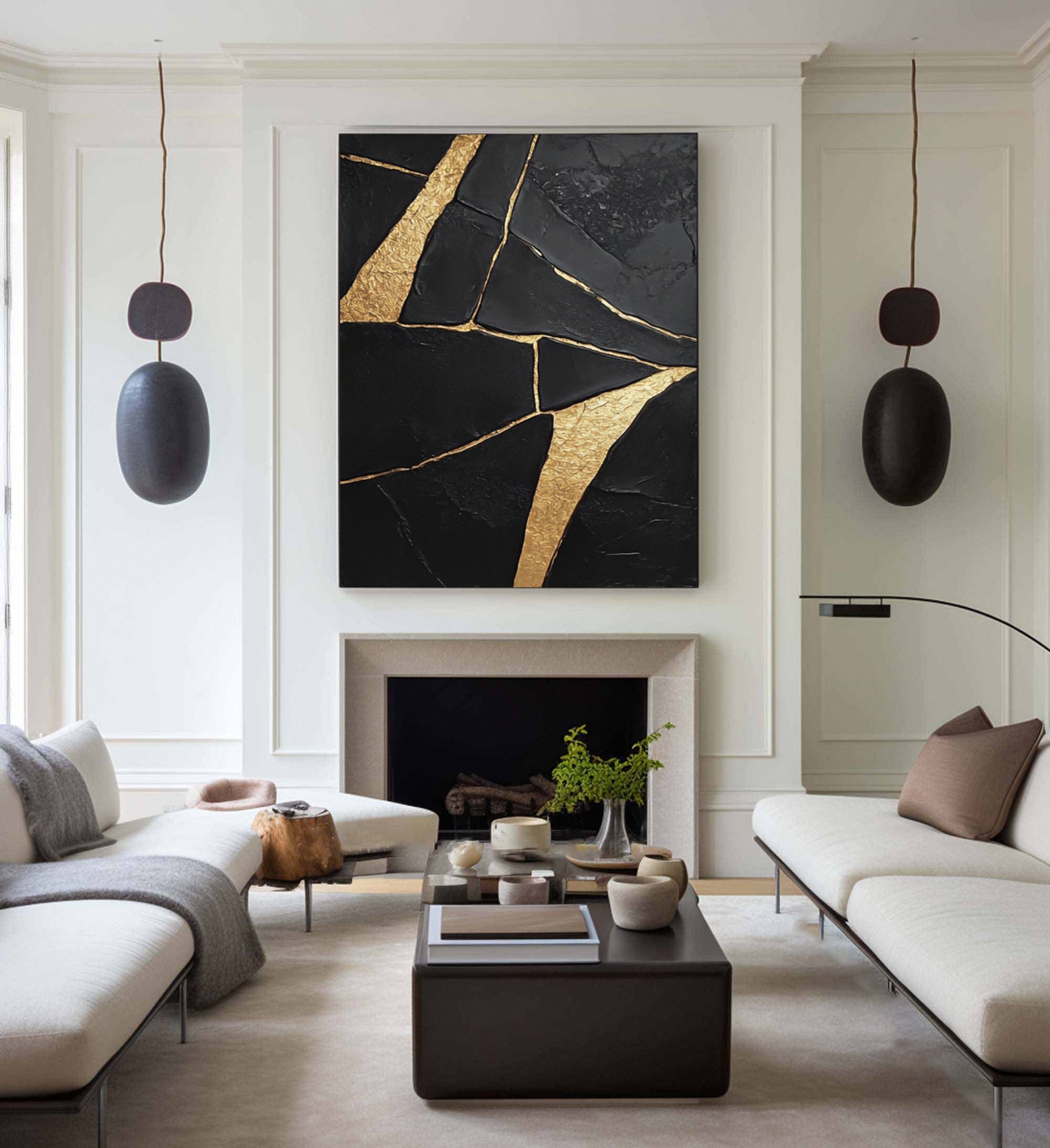 Golden Fractures: Bold Abstract Canvas with Striking Black and Gold Patterns