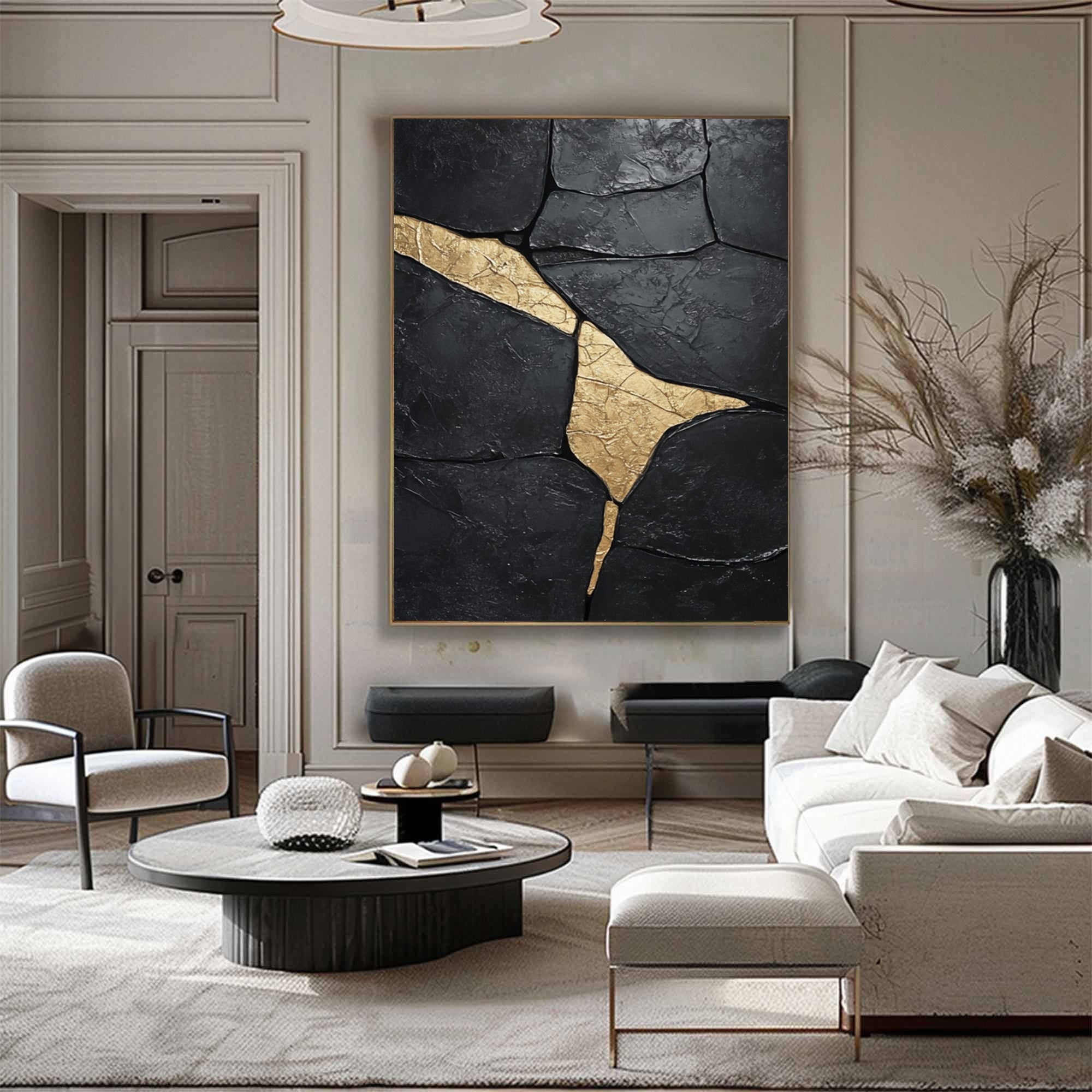 Midnight Gild: Textured Abstract Black Canvas with Golden Accent