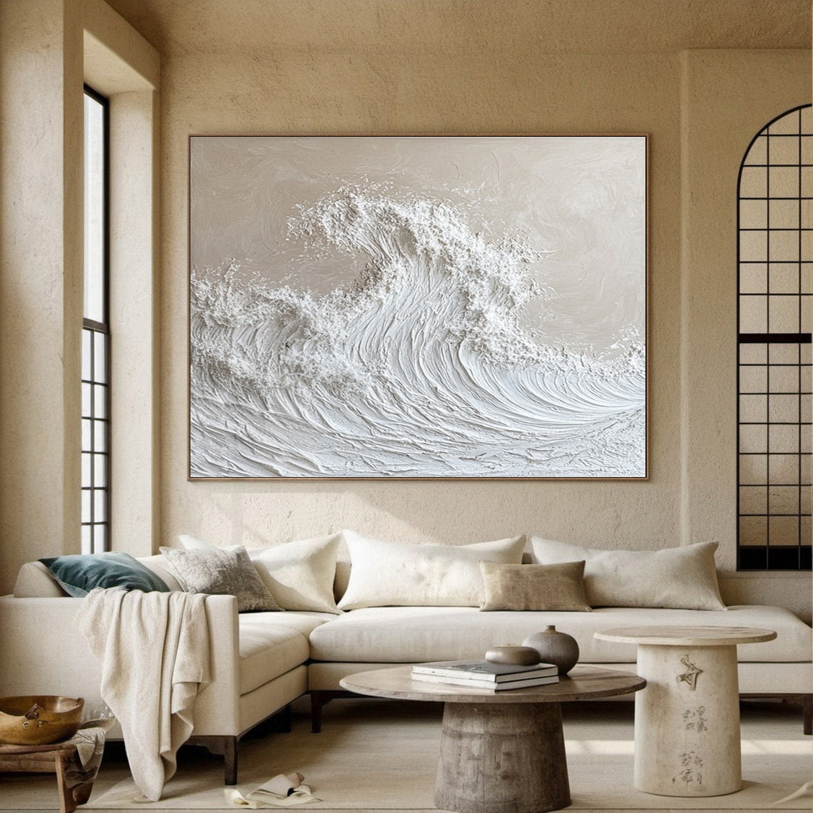 Serenity Wave: Off-White Textured Ocean Art