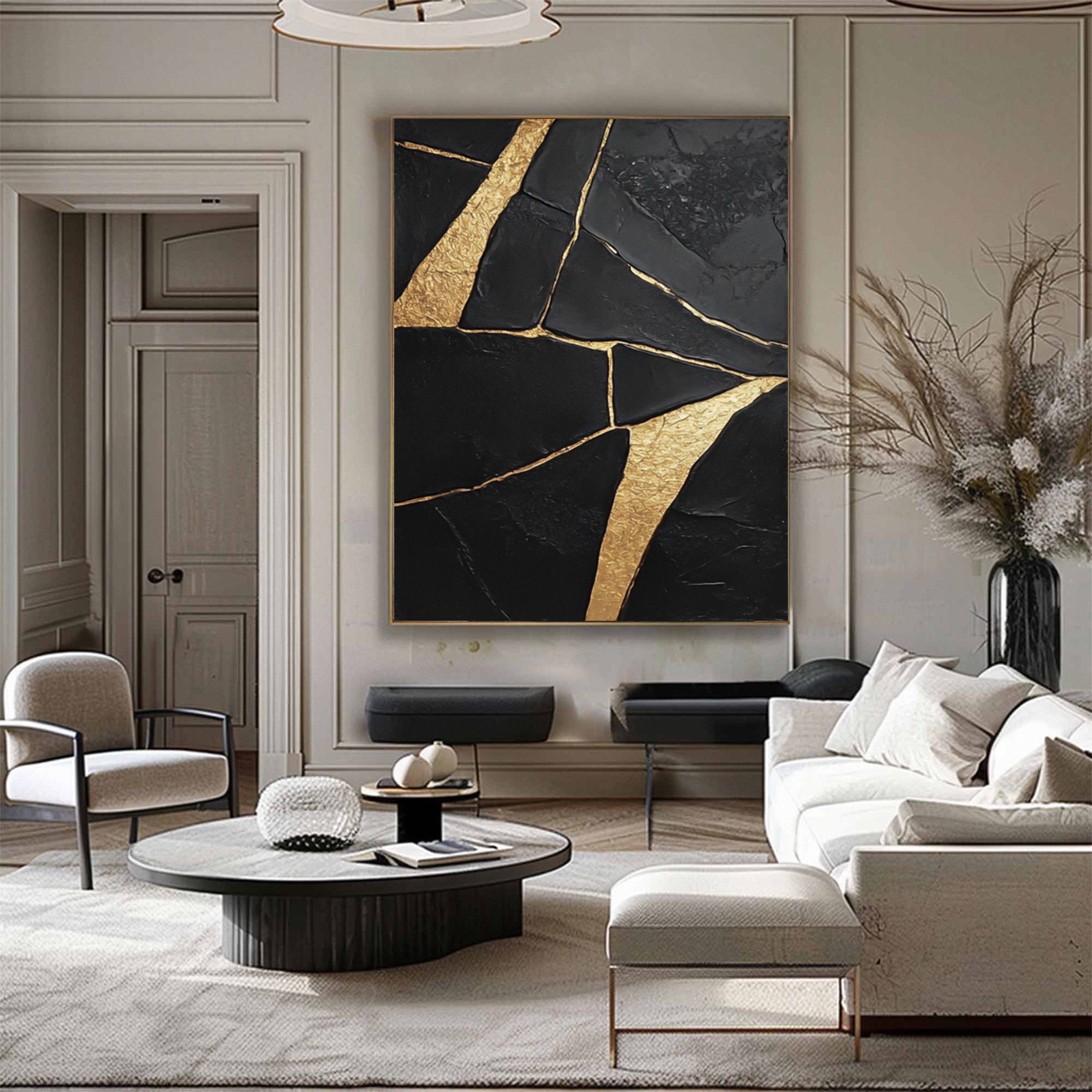 Golden Fractures: Bold Abstract Canvas with Striking Black and Gold Patterns