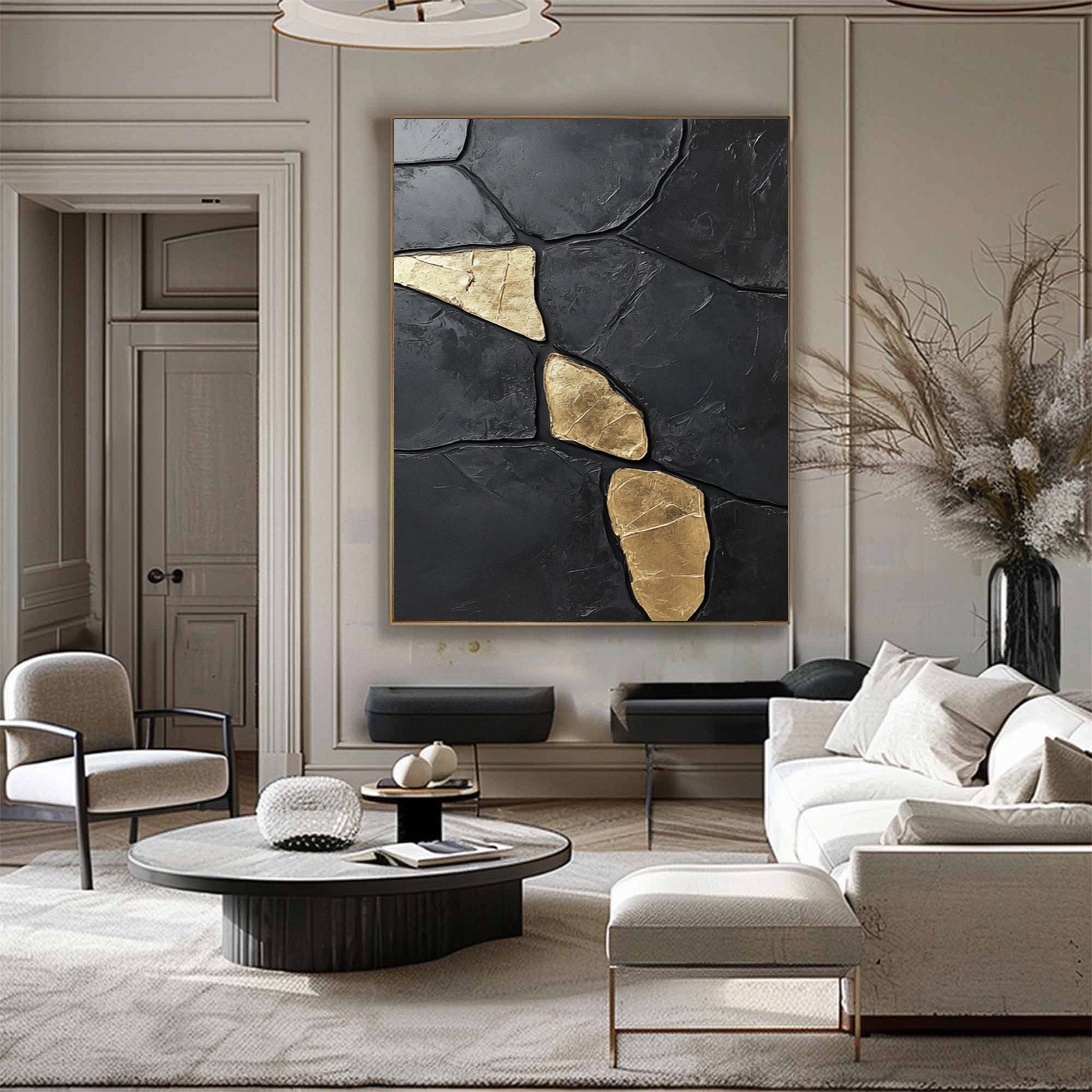 Midnight Gold: Abstract Black Canvas with Bold Golden Accents