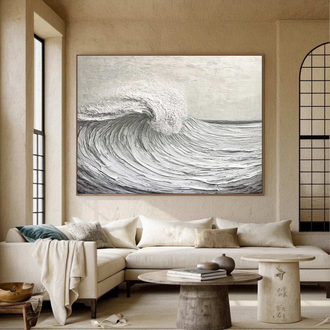 Silver Tide: Monochrome Textured Wave Art