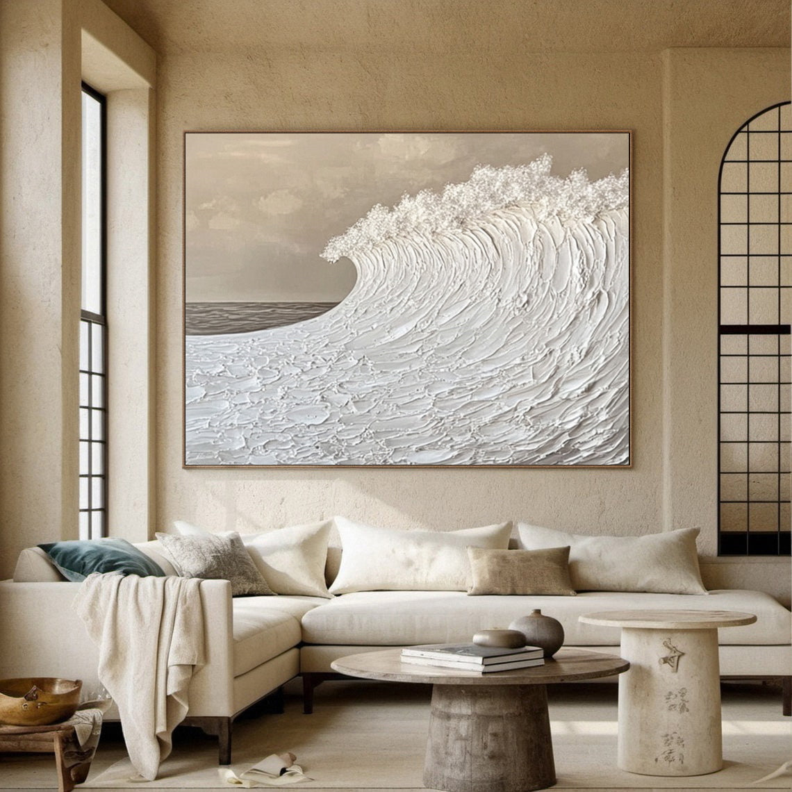 Serenity Wave: Textured Ocean Art in Monochrome Beige