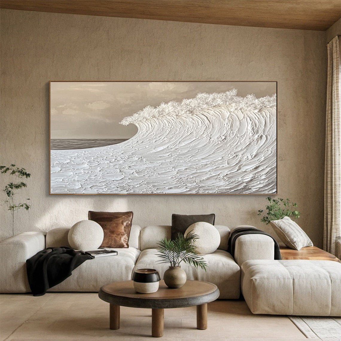 Serenity Wave: Textured Ocean Art in Monochrome Beige