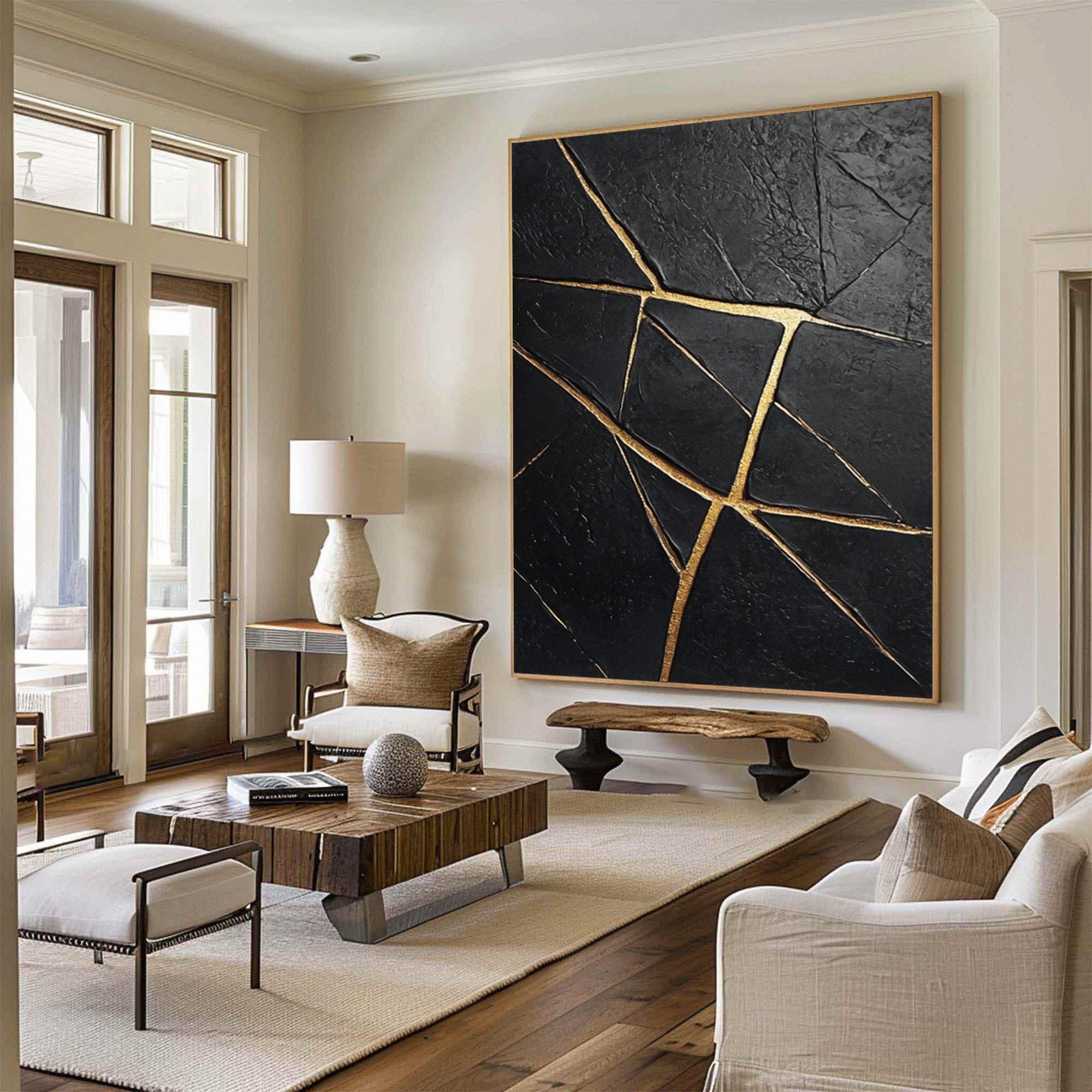 Golden Fractures: Black and Gold Textured Canvas