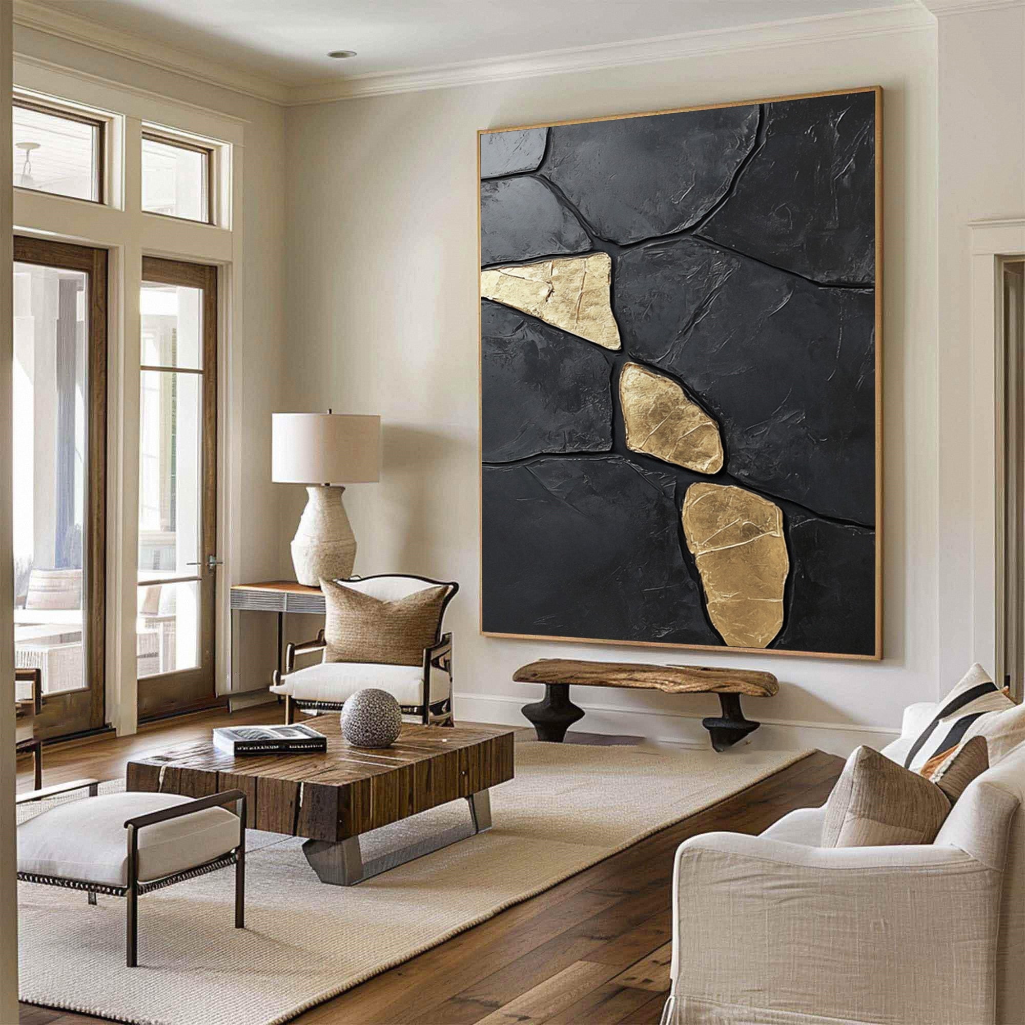 Midnight Gold: Abstract Black Canvas with Bold Golden Accents