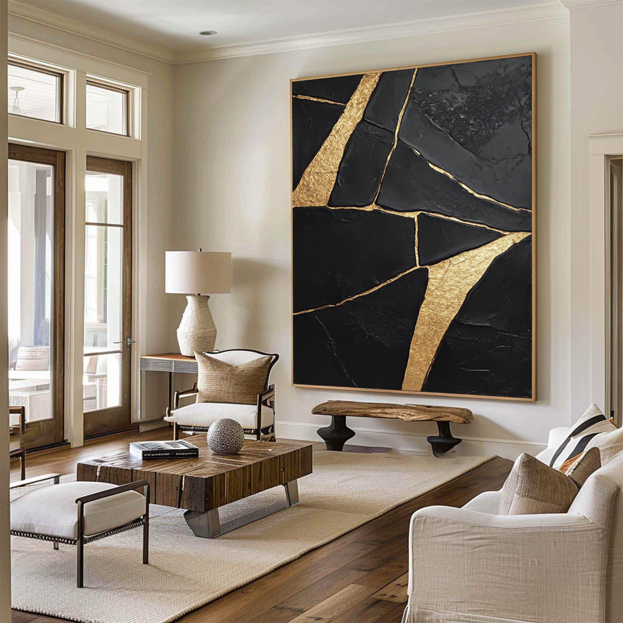 Golden Fractures: Bold Abstract Canvas with Striking Black and Gold Patterns