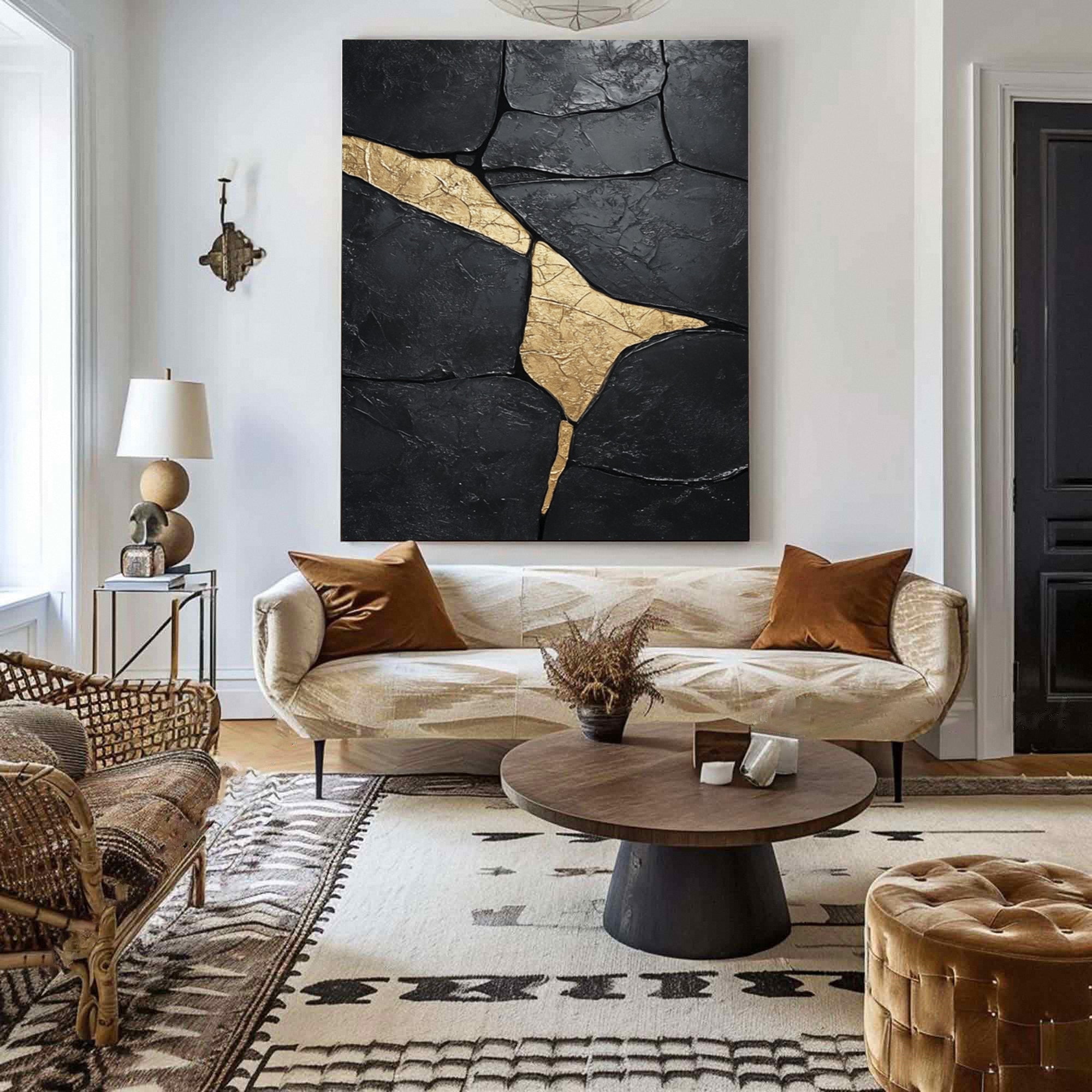 Midnight Gild: Textured Abstract Black Canvas with Golden Accent