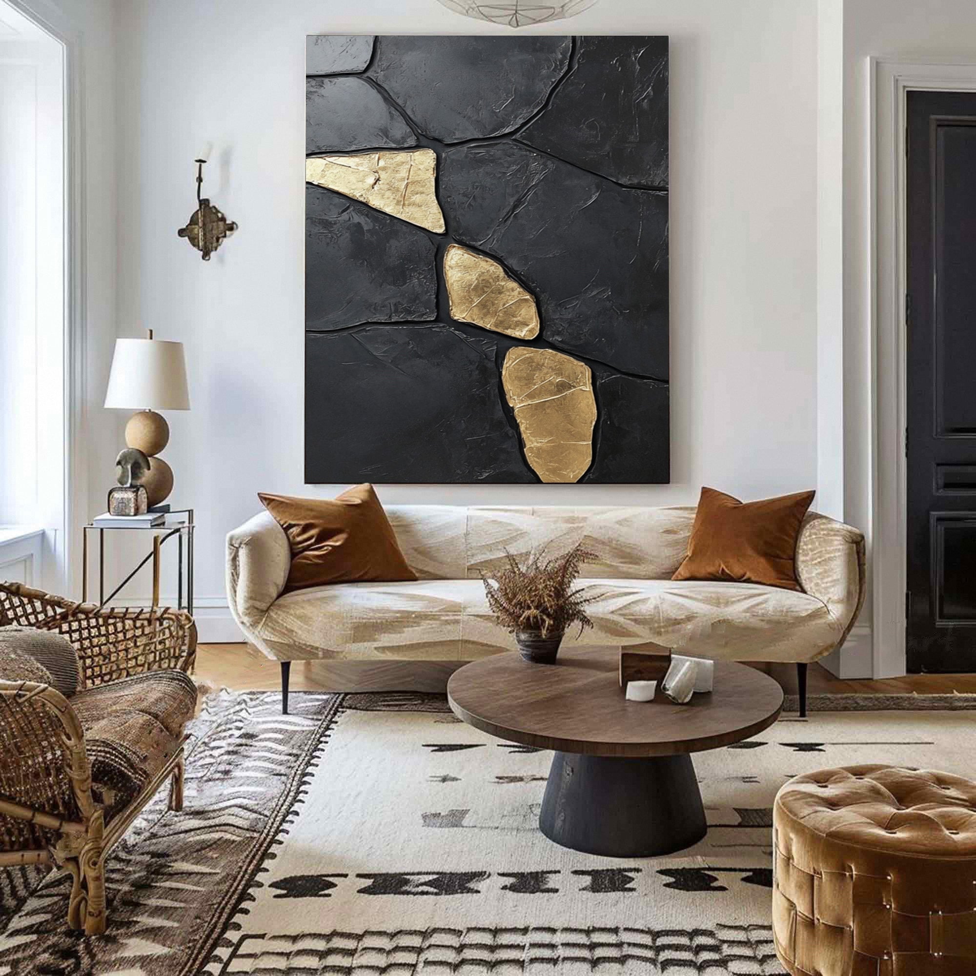 Midnight Gold: Abstract Black Canvas with Bold Golden Accents