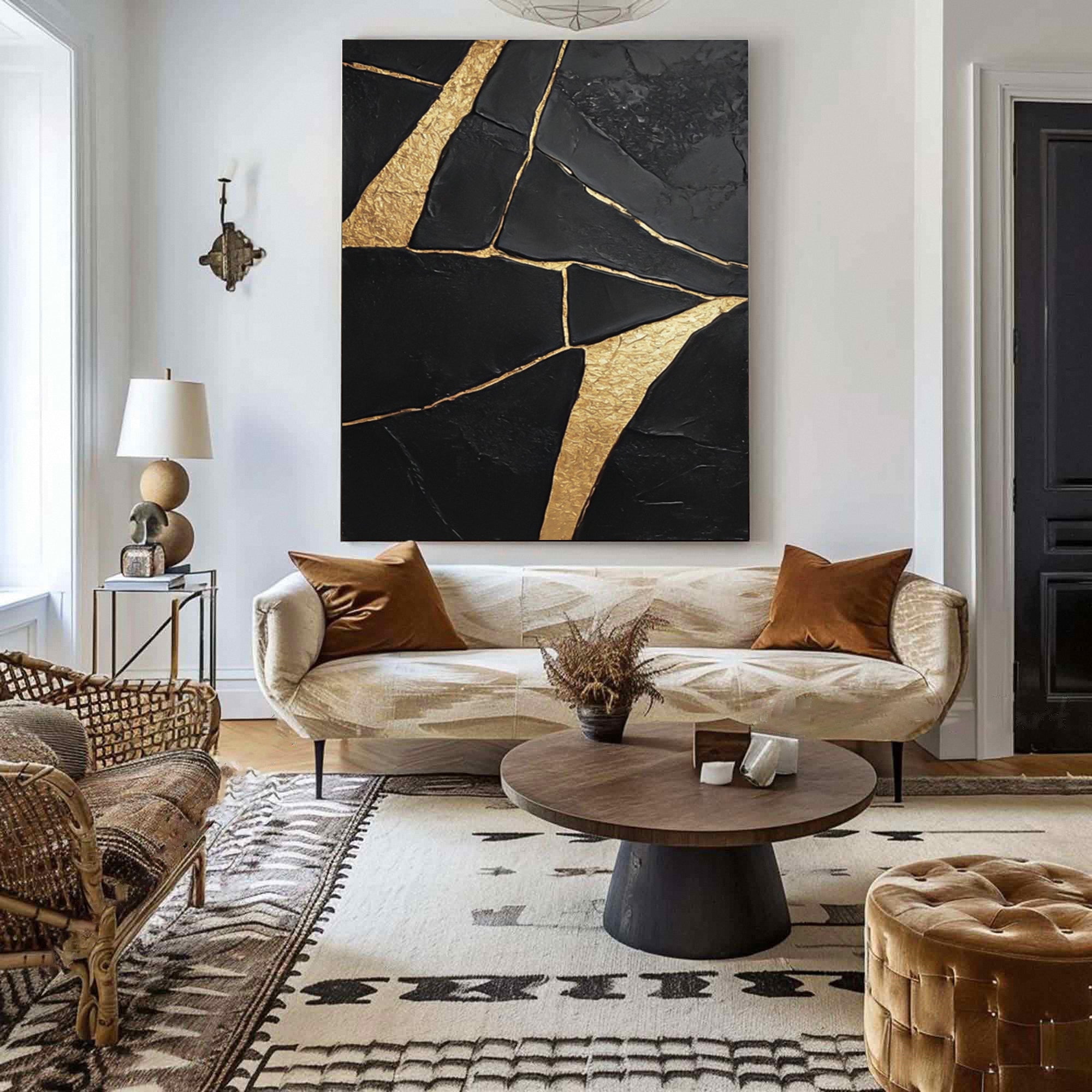 Golden Fractures: Bold Abstract Canvas with Striking Black and Gold Patterns