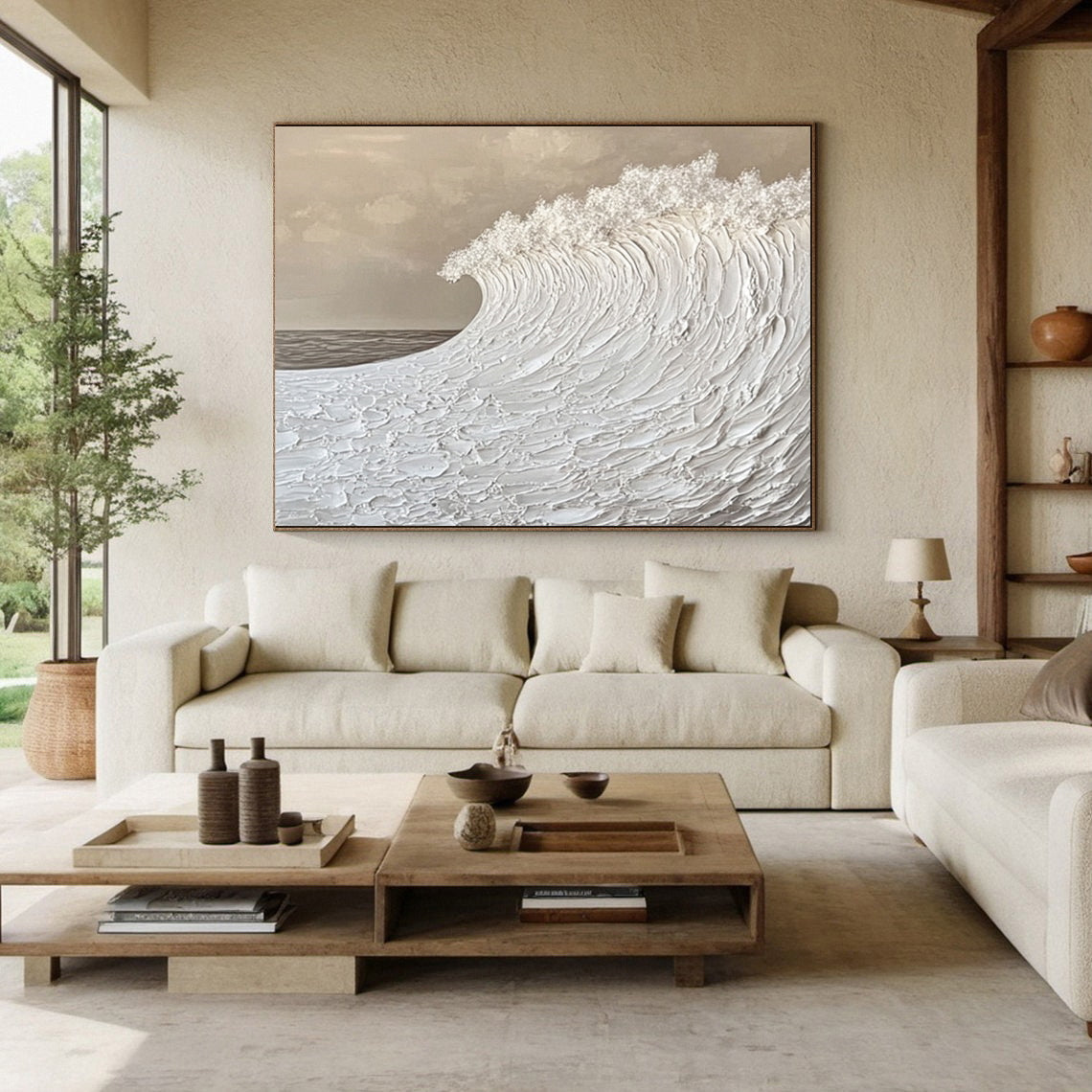 Serenity Wave: Textured Ocean Art in Monochrome Beige