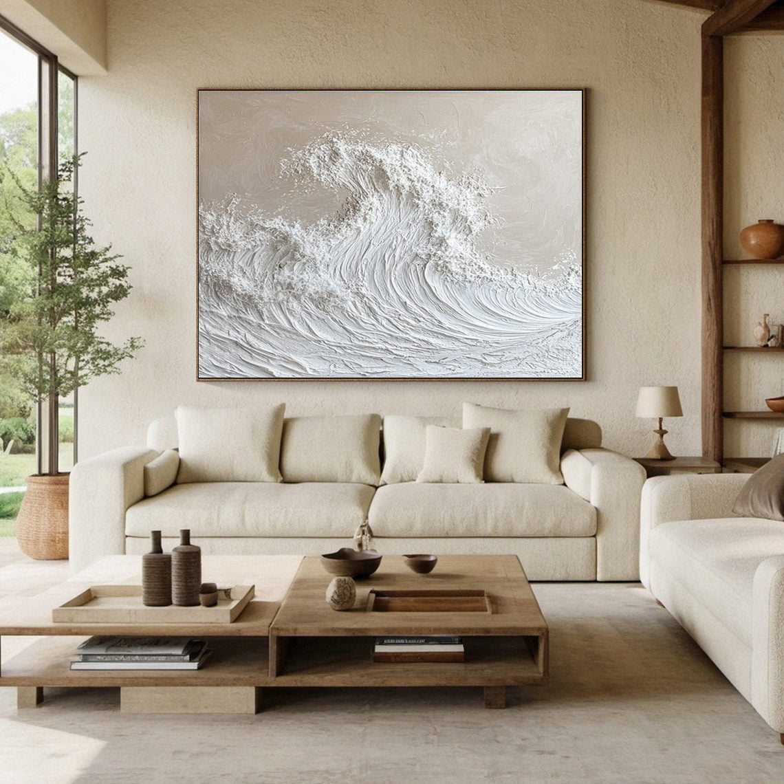 Serenity Wave: Off-White Textured Ocean Art