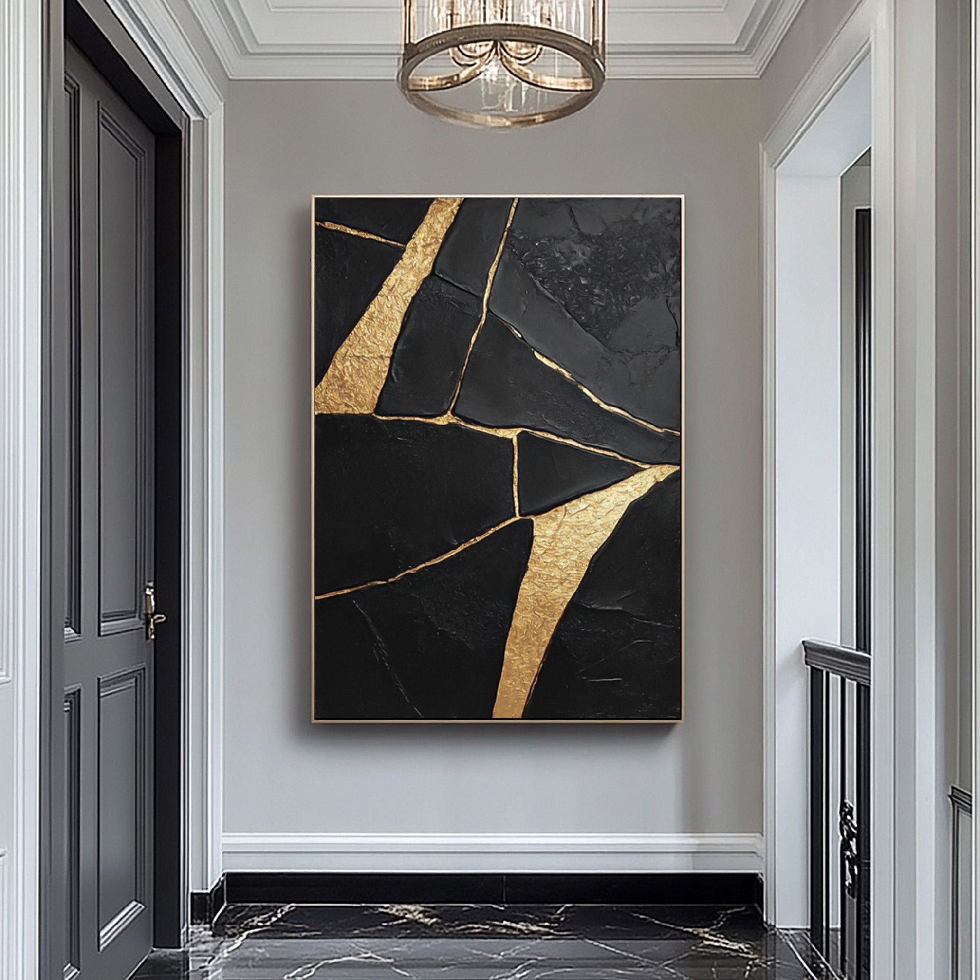 Golden Fractures: Bold Abstract Canvas with Striking Black and Gold Patterns