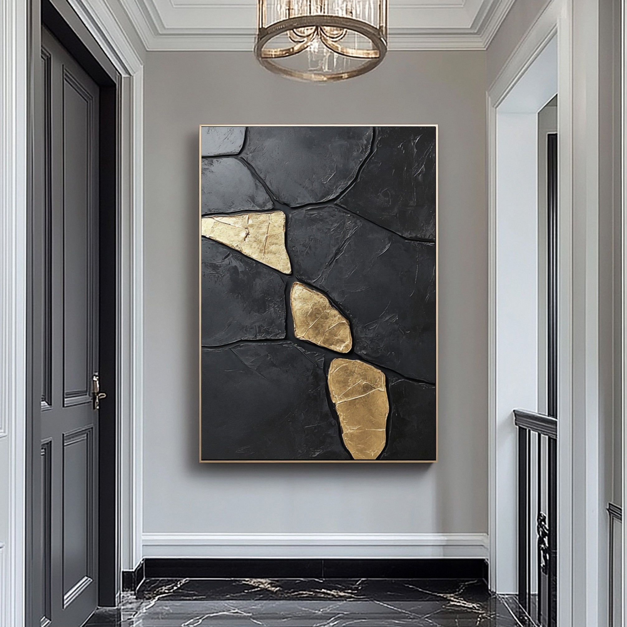 Midnight Gold: Abstract Black Canvas with Bold Golden Accents