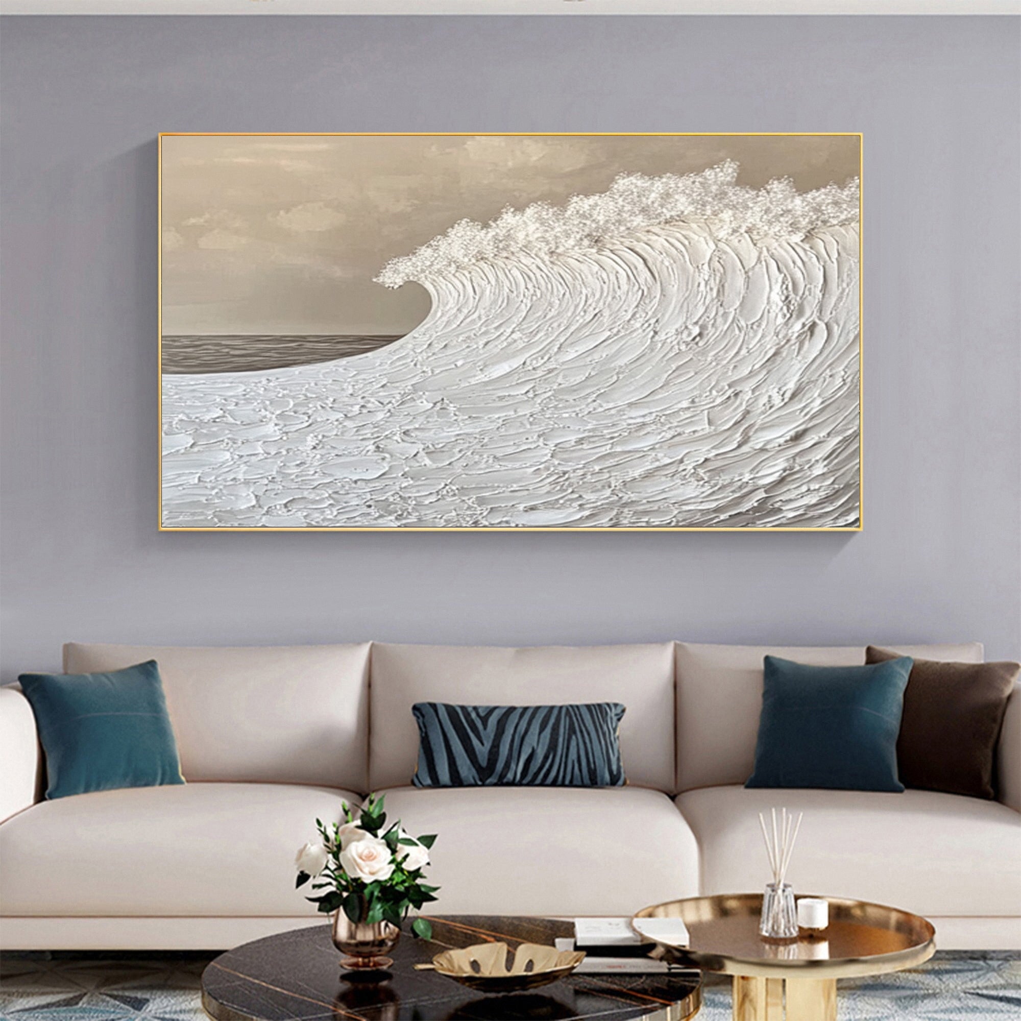 Serenity Wave: Textured Ocean Art in Monochrome Beige