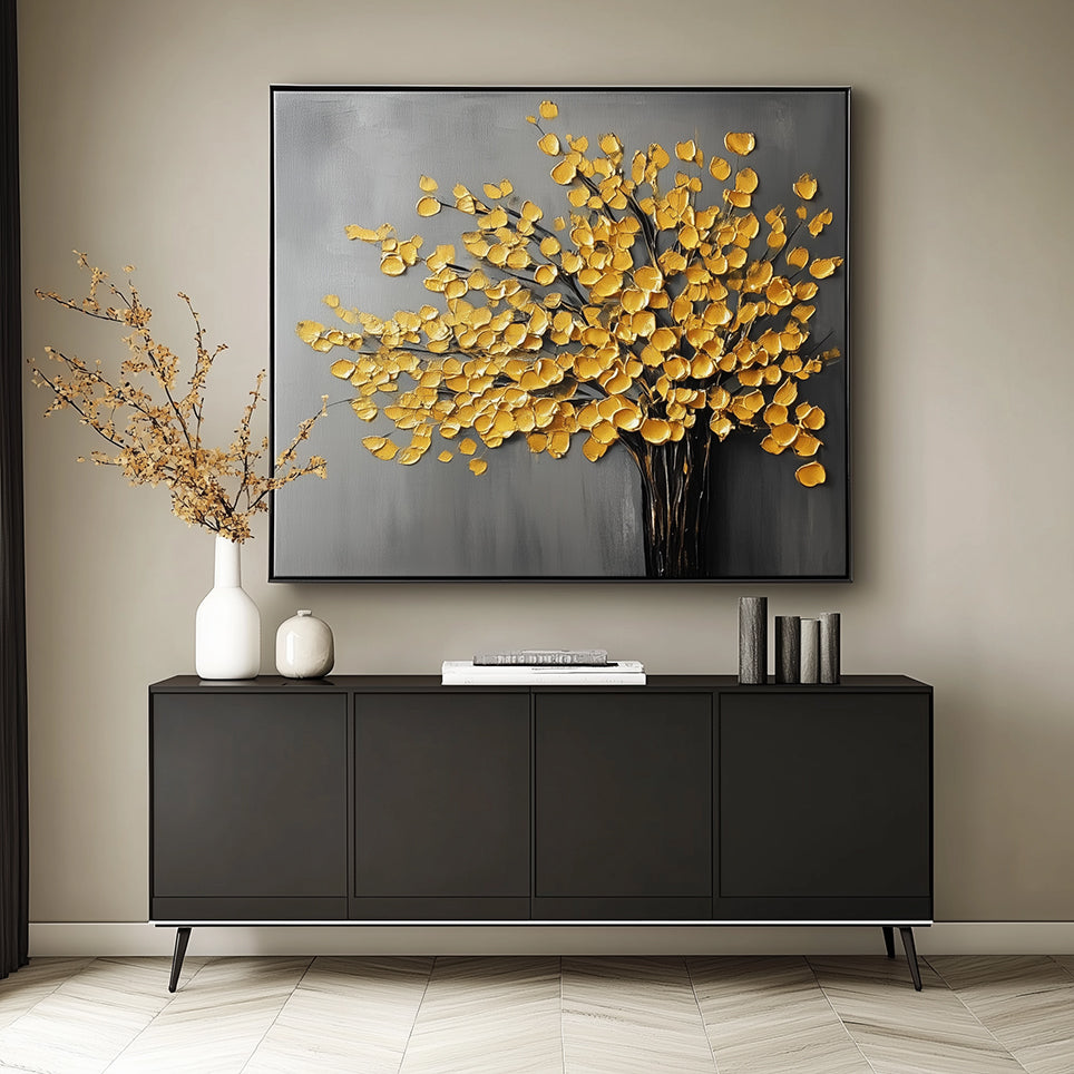 Golden Leaves on Grey Canvas-wp241968