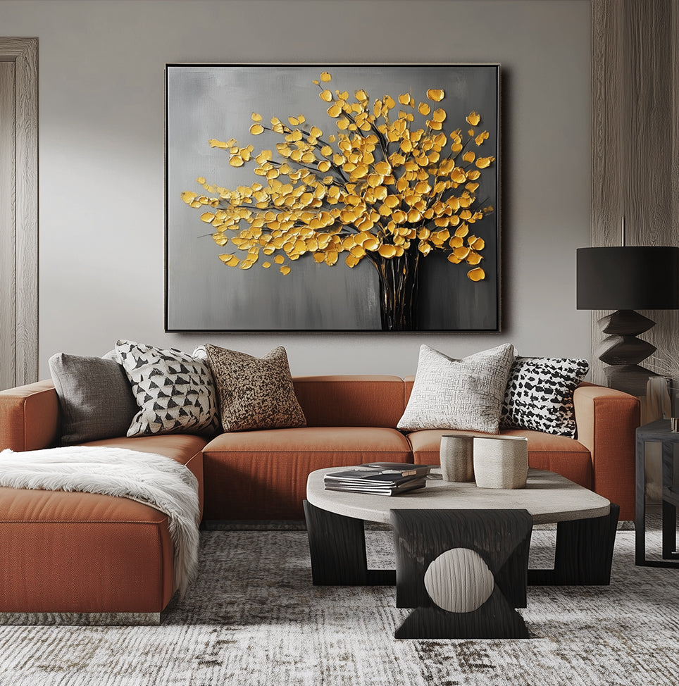 Golden Leaves on Grey Canvas-wp241968