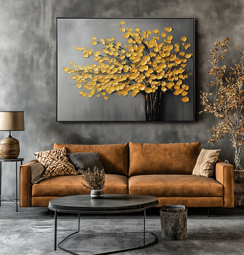 Golden Leaves on Grey Canvas-wp241968