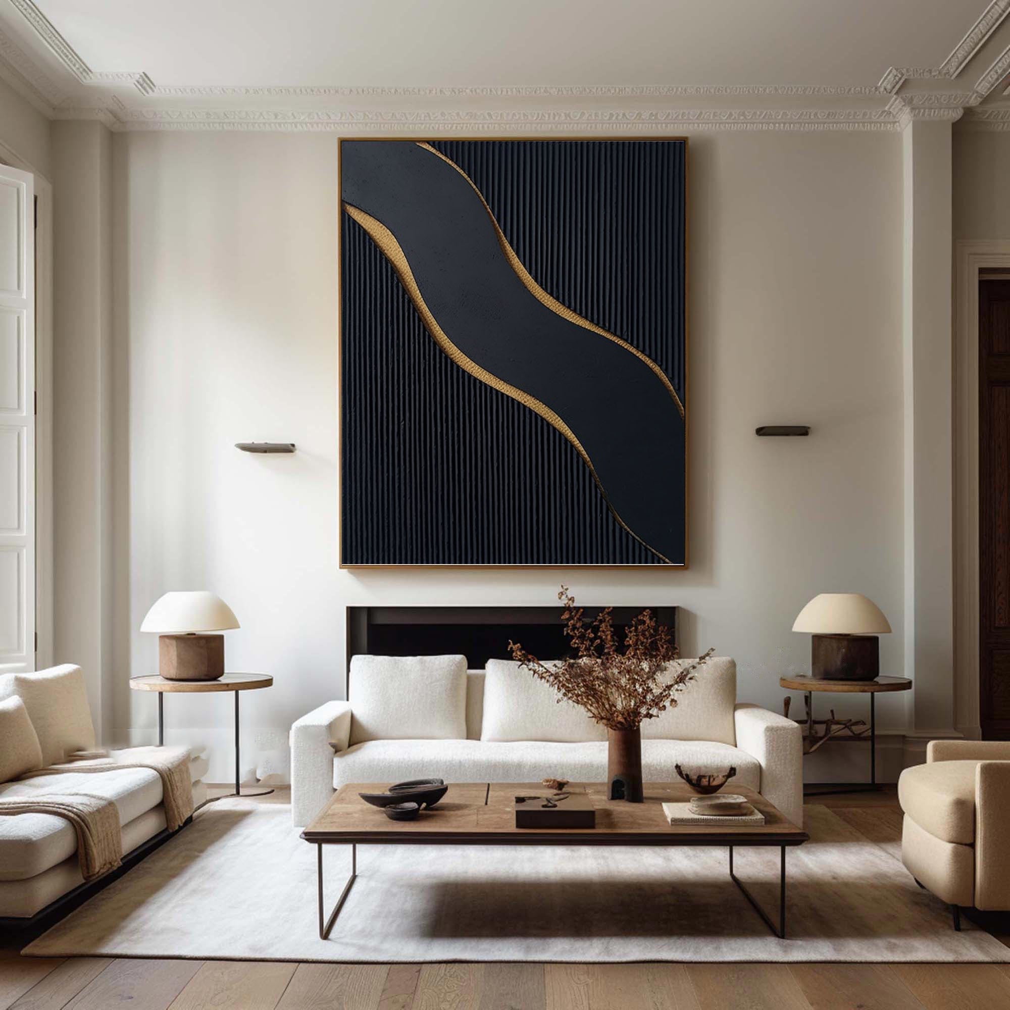 Ebony Waves: Luxurious Black & Gold Vertical Canvas for Elegant Interiors