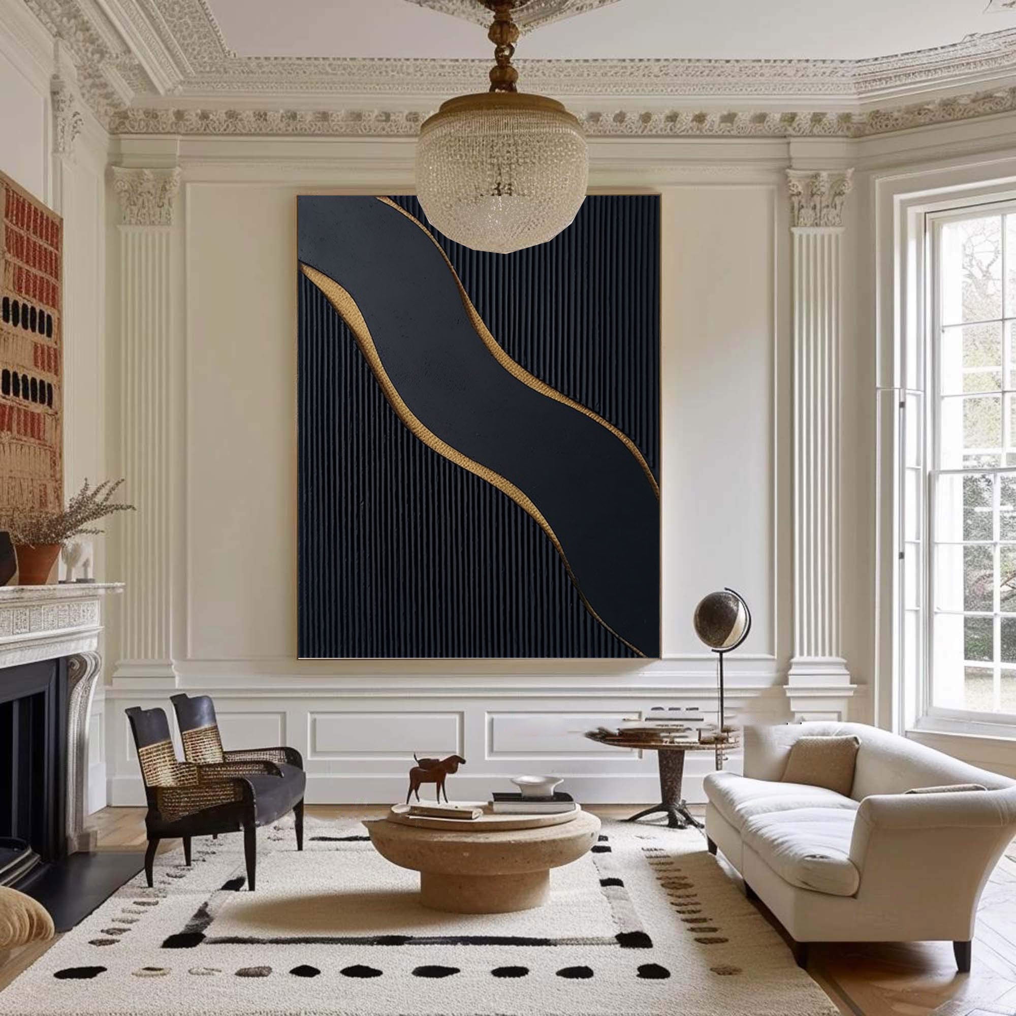 Ebony Waves: Luxurious Black & Gold Vertical Canvas for Elegant Interiors