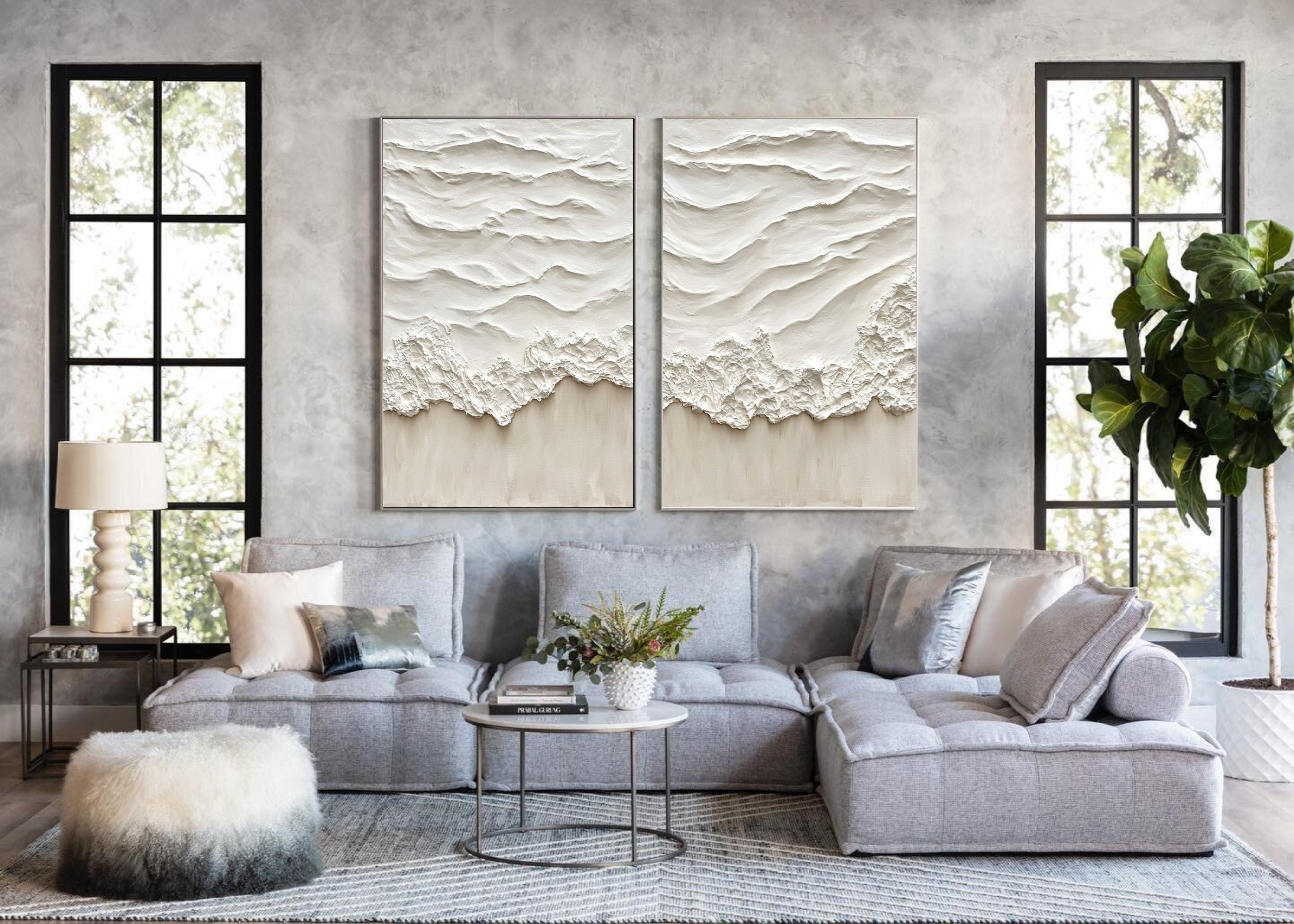 Ethereal Waves: Textured Diptych