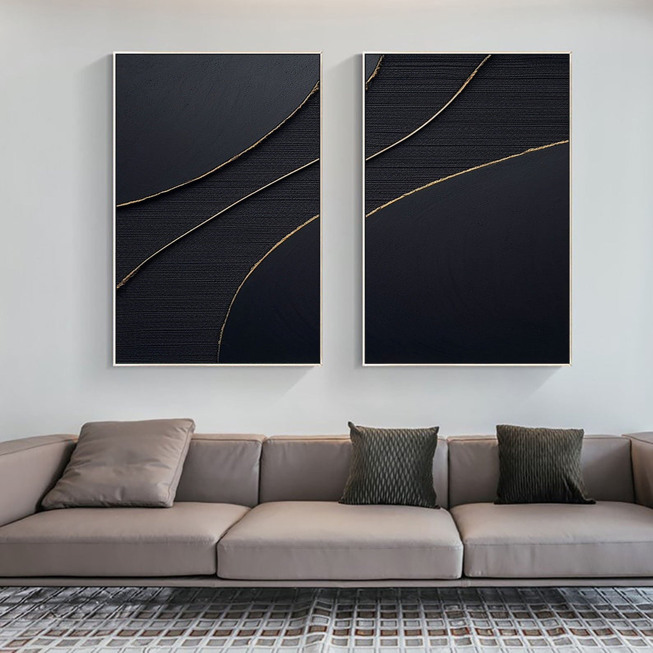 "Ethereal Midnight" – Dual Panel Black Abstract Canvas Art with Gold Accents