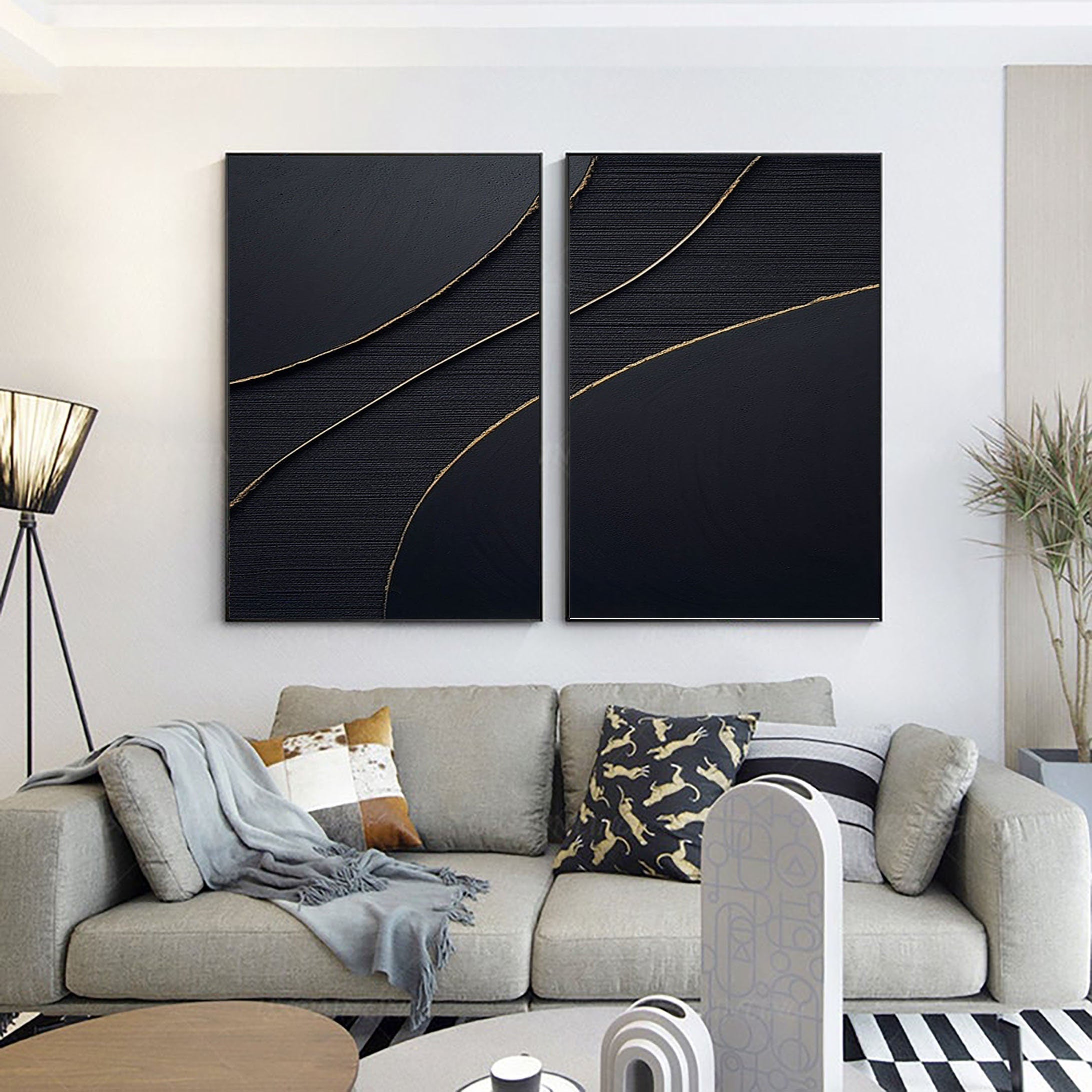 "Ethereal Midnight" – Dual Panel Black Abstract Canvas Art with Gold Accents