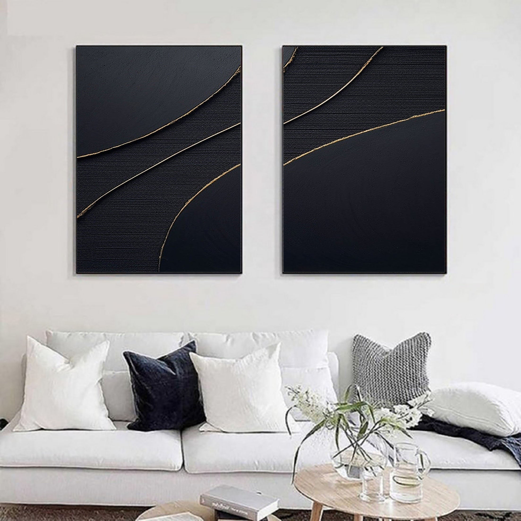 "Ethereal Midnight" – Dual Panel Black Abstract Canvas Art with Gold Accents