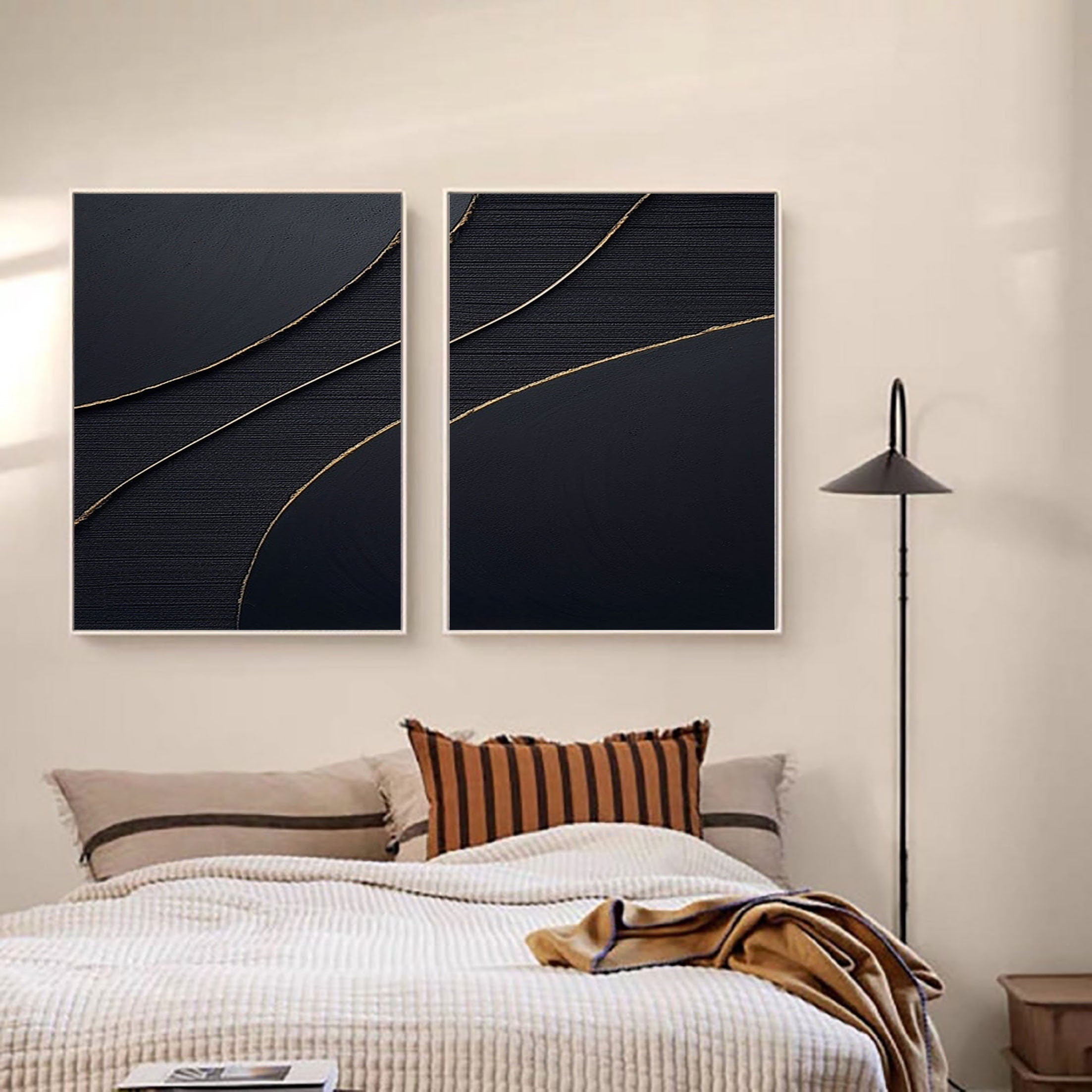 "Ethereal Midnight" – Dual Panel Black Abstract Canvas Art with Gold Accents