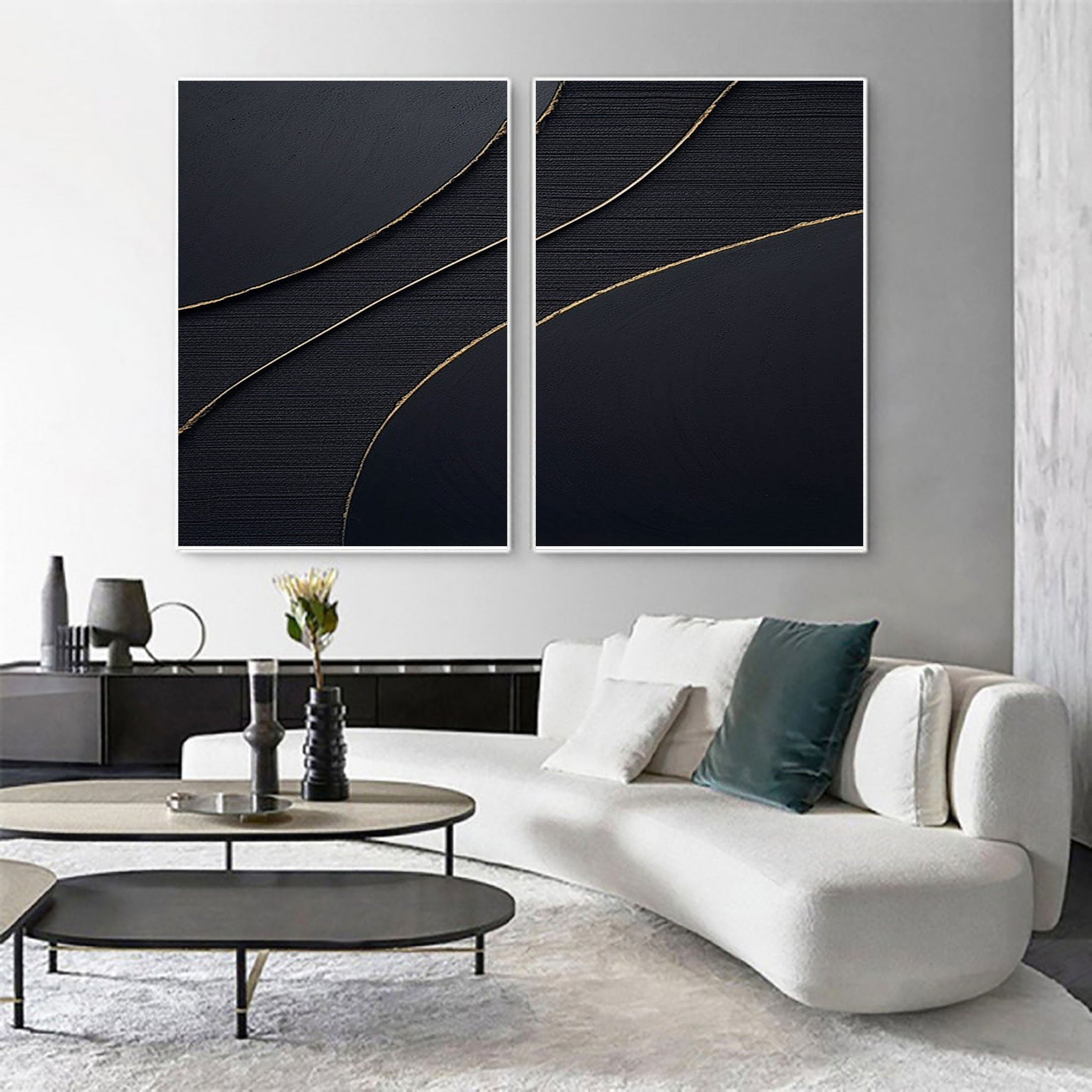 "Ethereal Midnight" – Dual Panel Black Abstract Canvas Art with Gold Accents