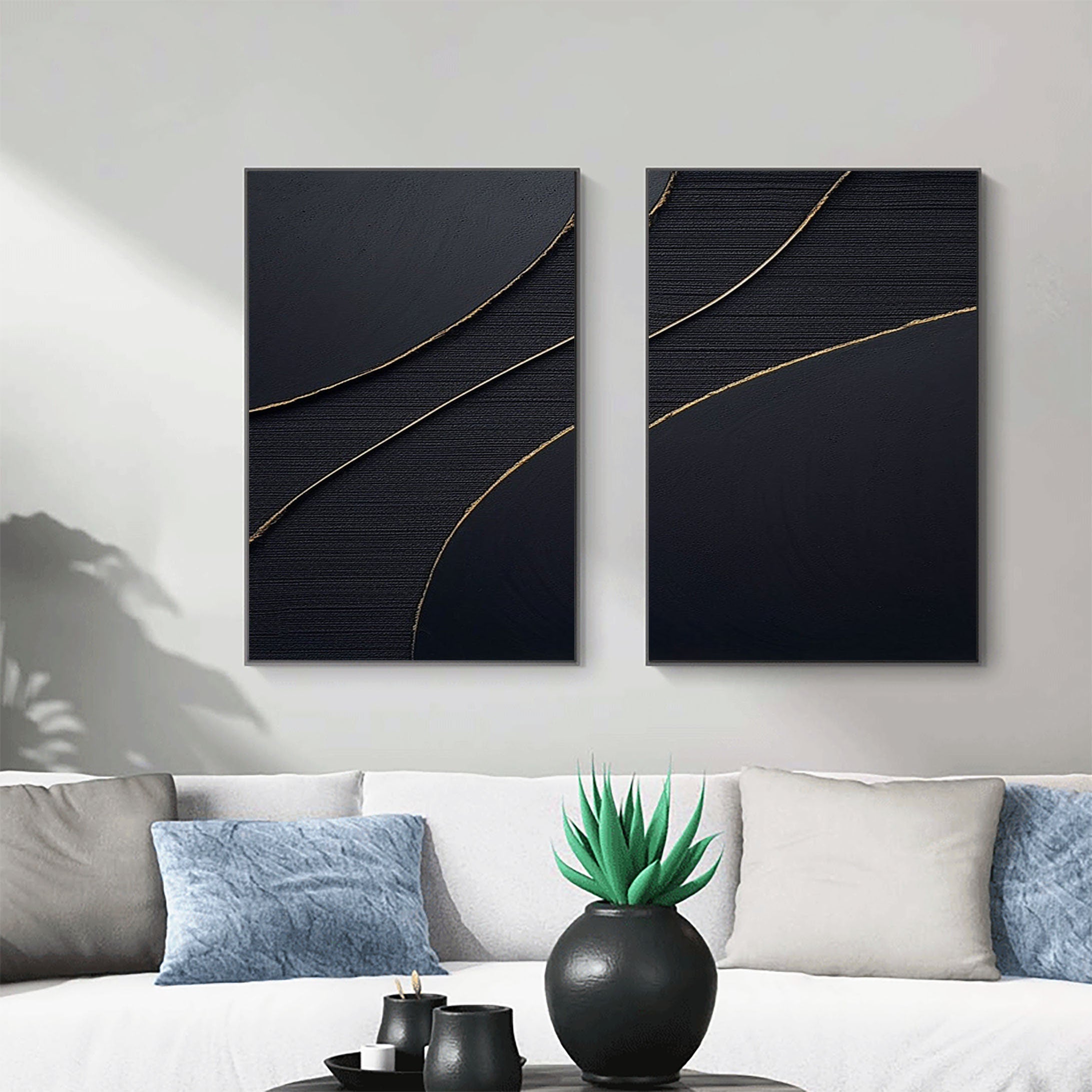 "Ethereal Midnight" – Dual Panel Black Abstract Canvas Art with Gold Accents