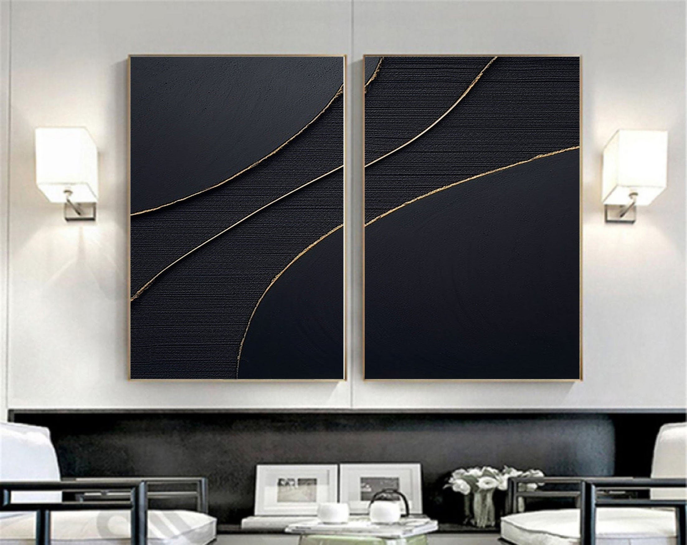 "Ethereal Midnight" – Dual Panel Black Abstract Canvas Art with Gold Accents