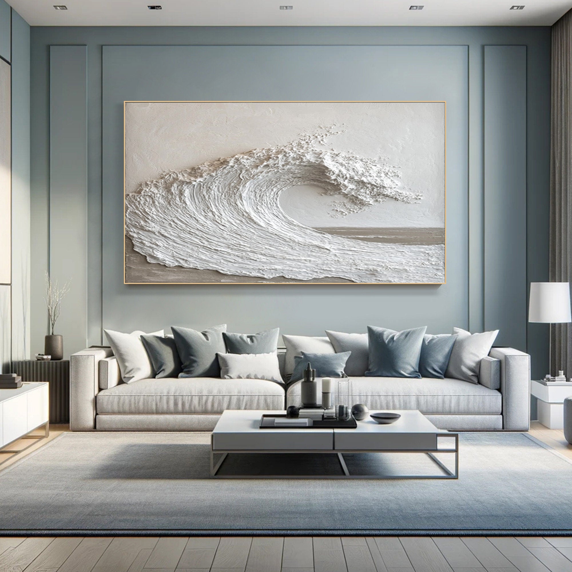 Tranquil Surge: White Textured Wave Art