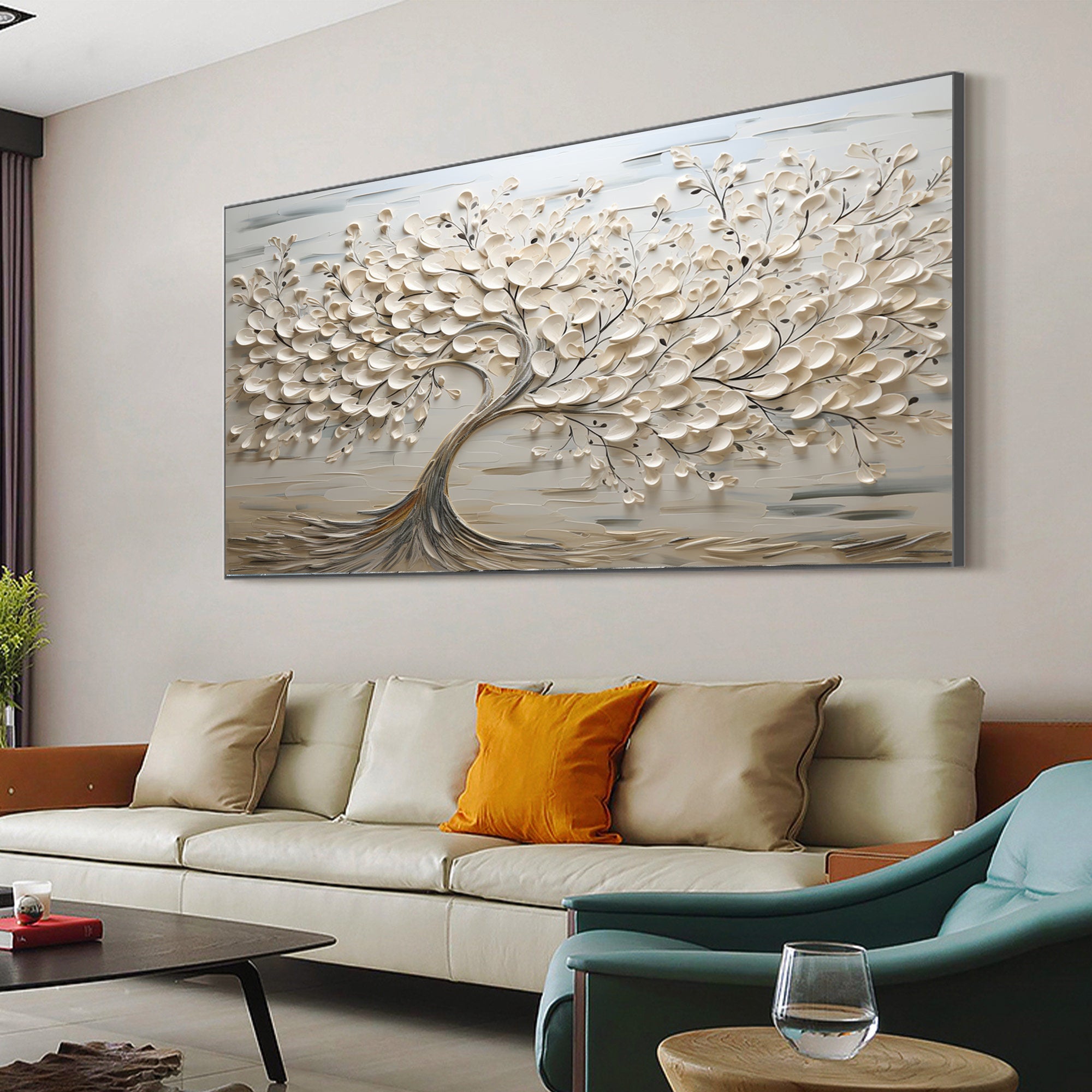 Serene Blossom: Textured Tree Canvas in Neutral Tones