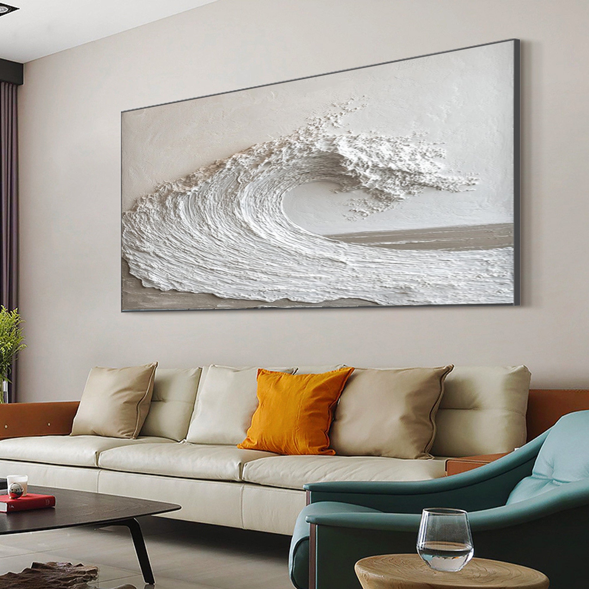 Tranquil Surge: White Textured Wave Art