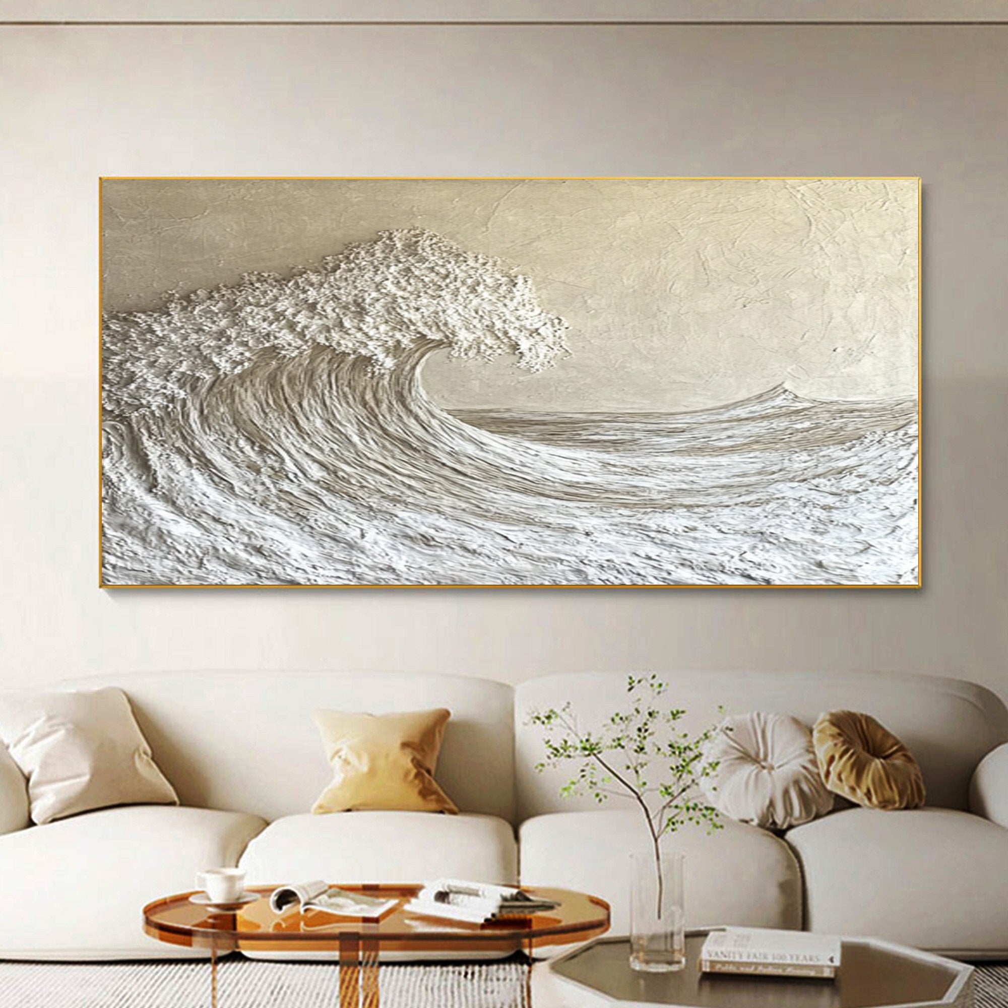 Serenity Crest: Textured White Wave Art