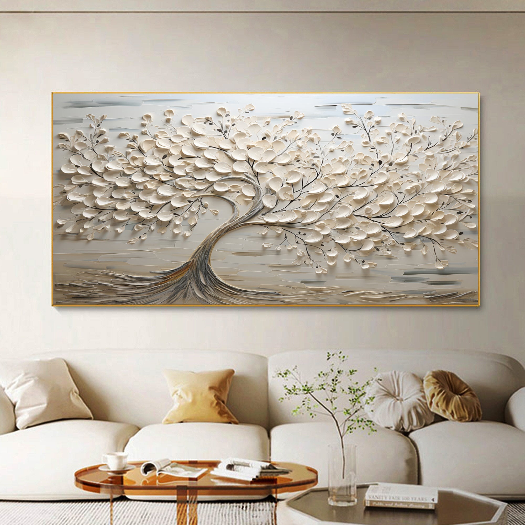 Serene Blossom: Textured Tree Canvas in Neutral Tones