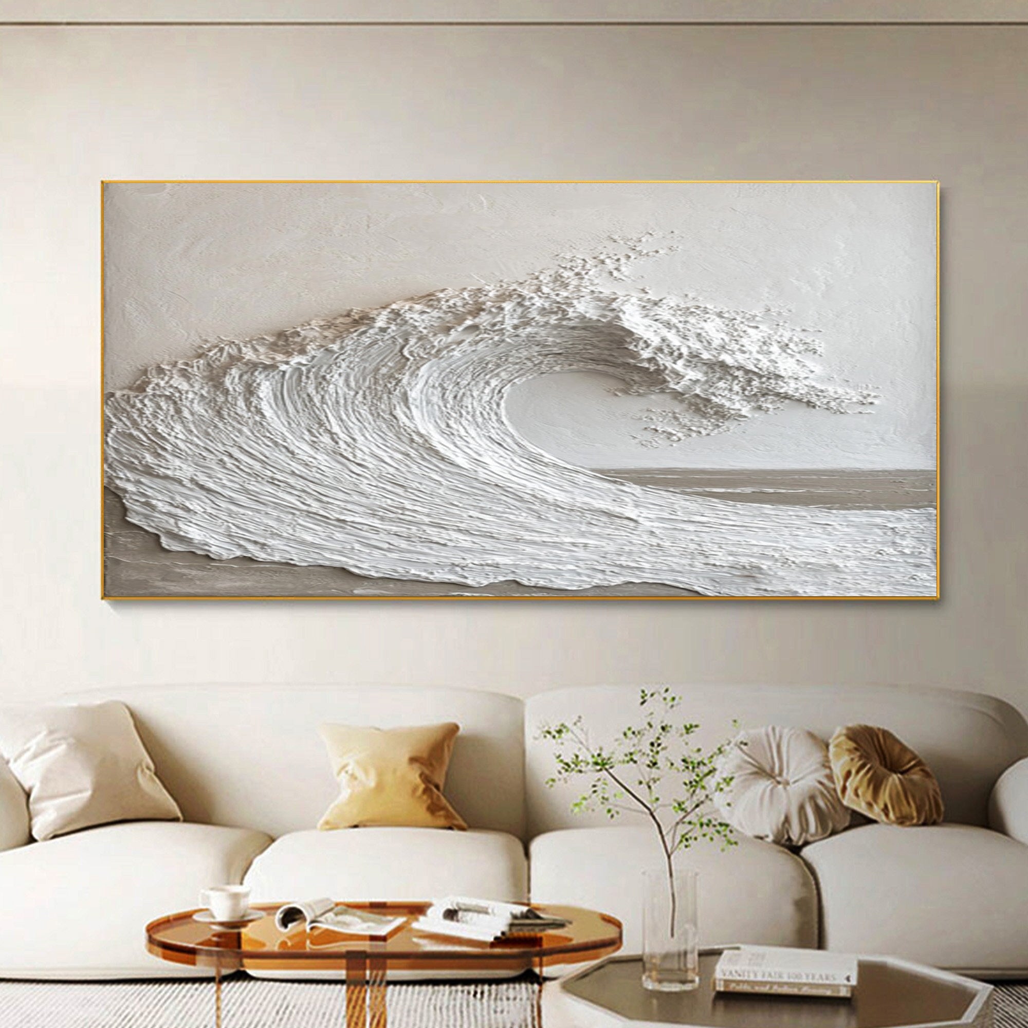 Tranquil Surge: White Textured Wave Art