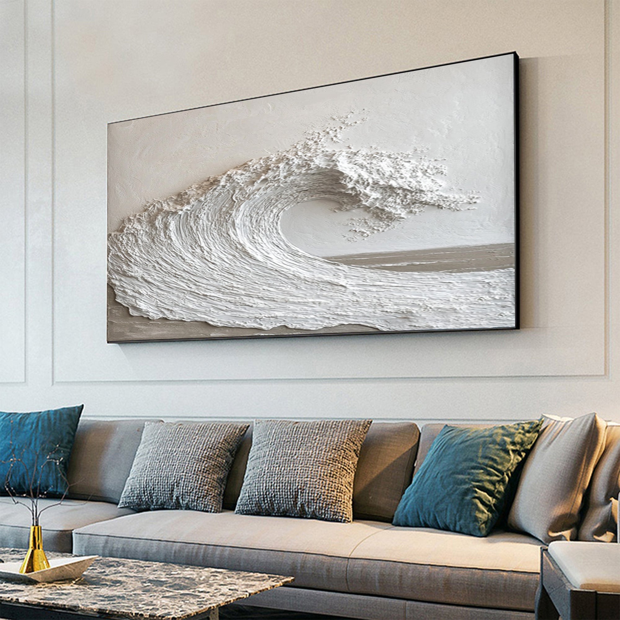 Tranquil Surge: White Textured Wave Art