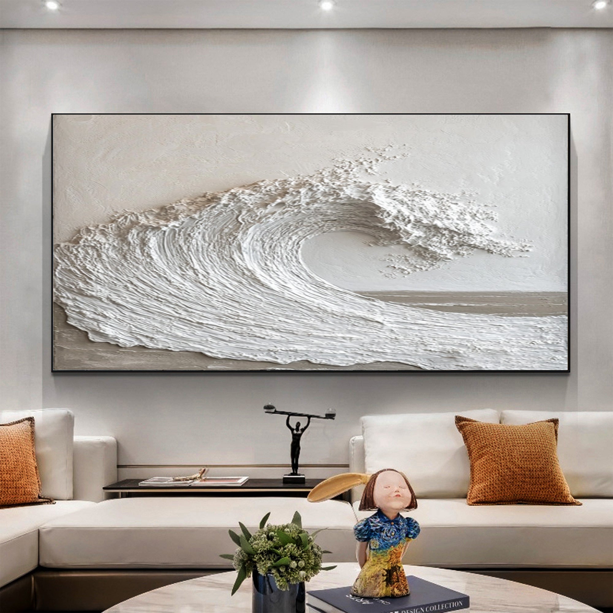 Tranquil Surge: White Textured Wave Art