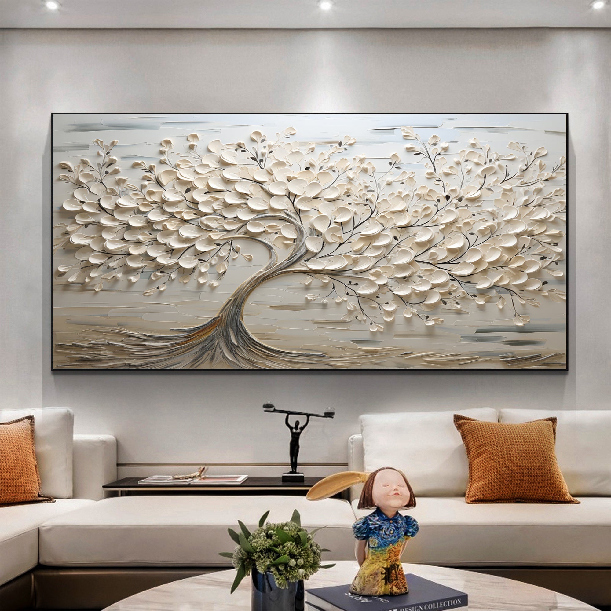 Serene Blossom: Textured Tree Canvas in Neutral Tones