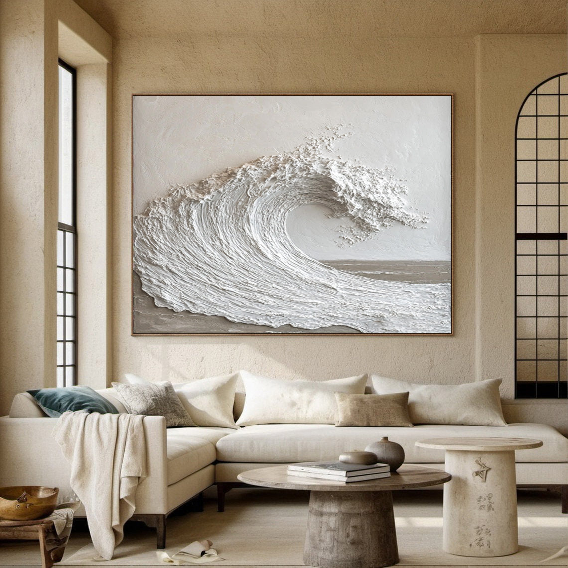 Tranquil Surge: White Textured Wave Art