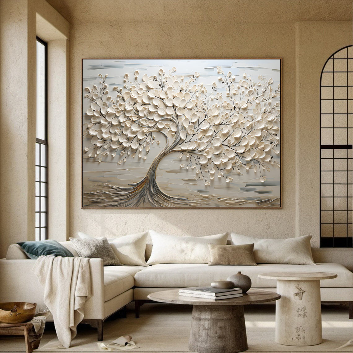 Serene Blossom: Textured Tree Canvas in Neutral Tones