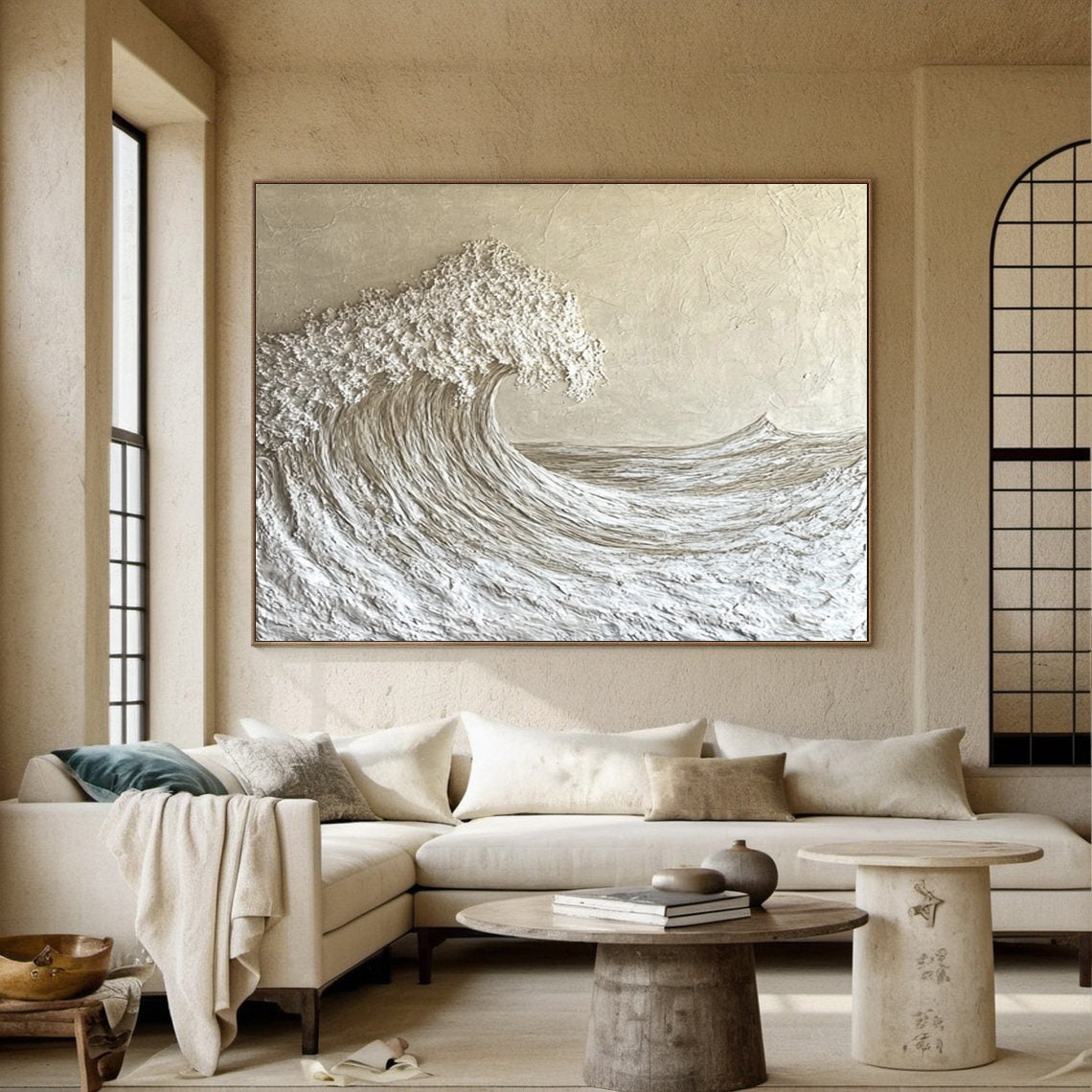 Serenity Crest: Textured White Wave Art