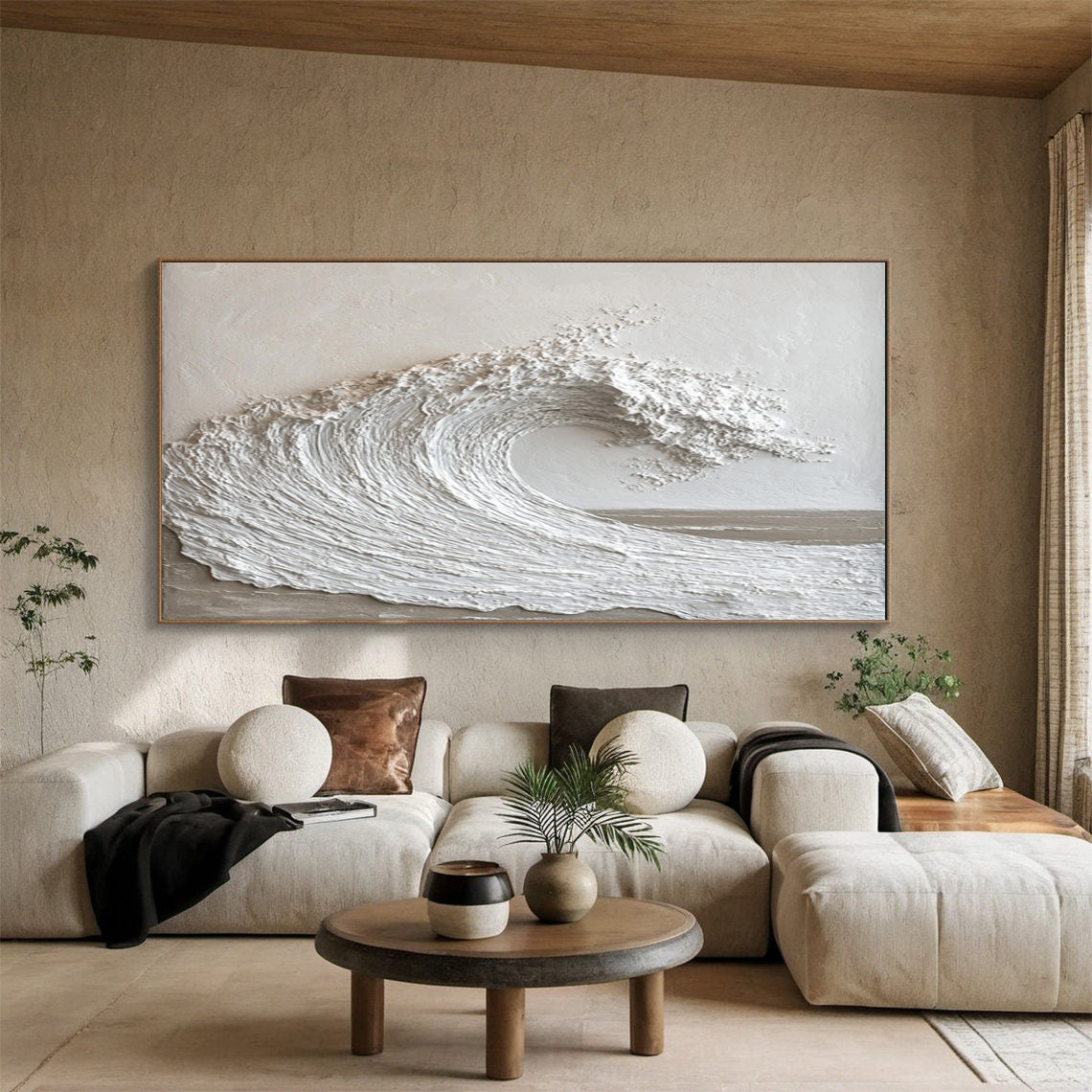 Tranquil Surge: White Textured Wave Art