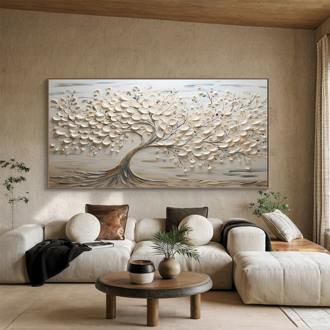 Serene Blossom: Textured Tree Canvas in Neutral Tones