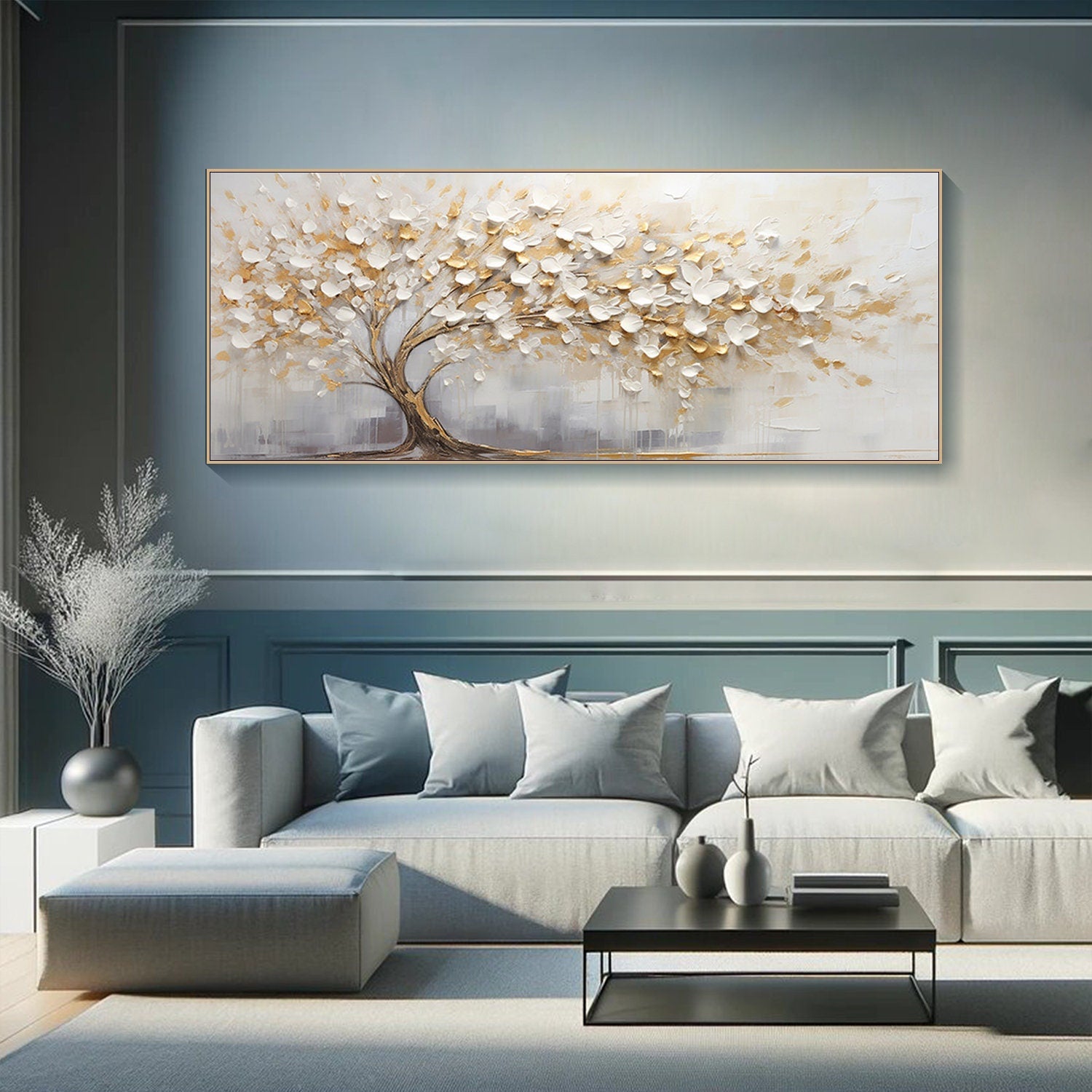 Golden Bloom: Abstract Tree Canvas