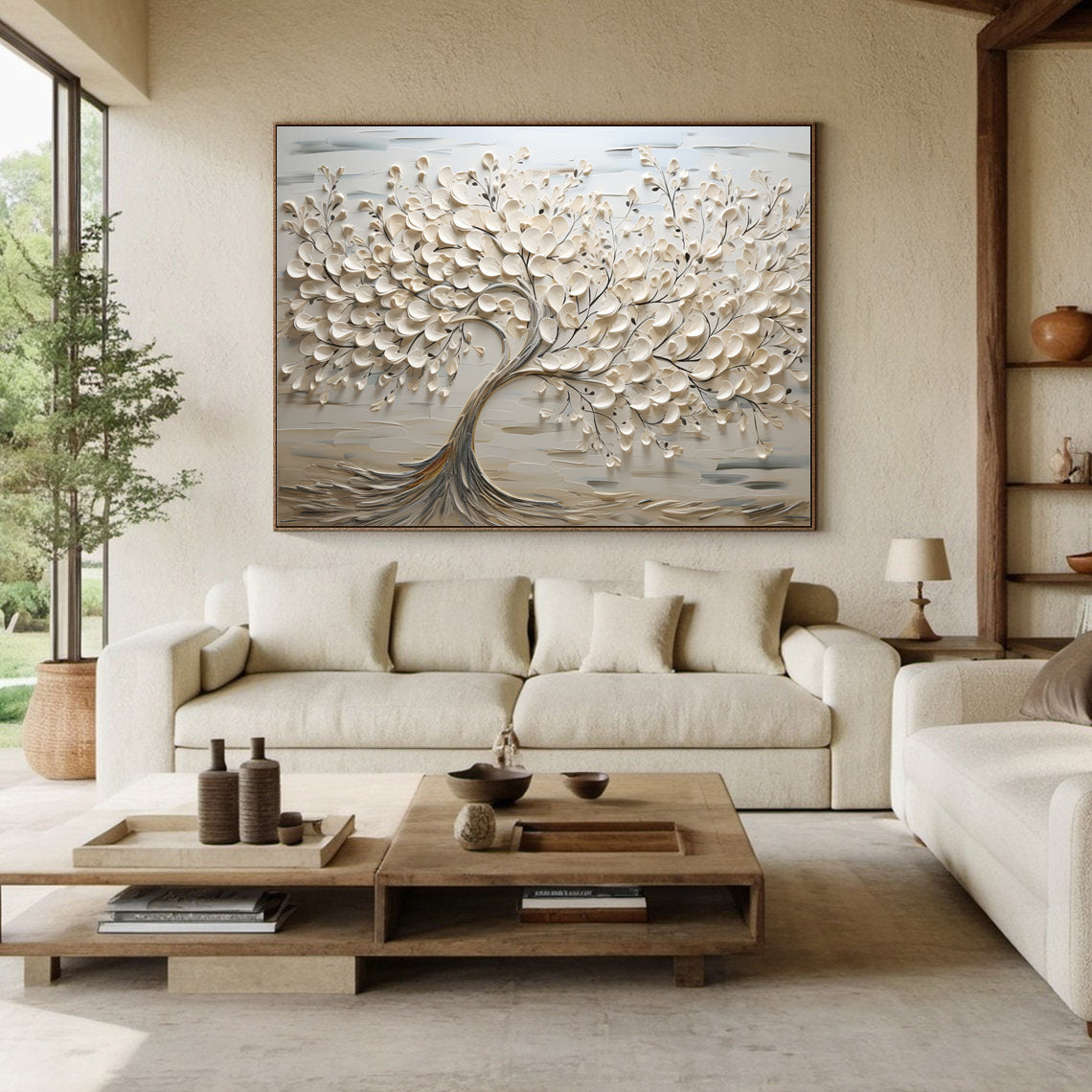 Serene Blossom: Textured Tree Canvas in Neutral Tones