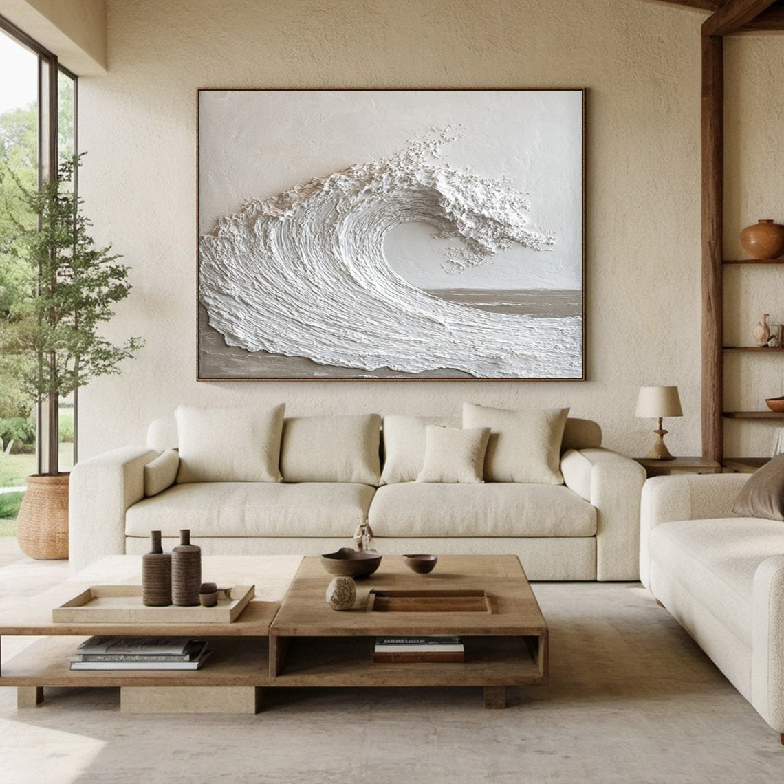 Tranquil Surge: White Textured Wave Art