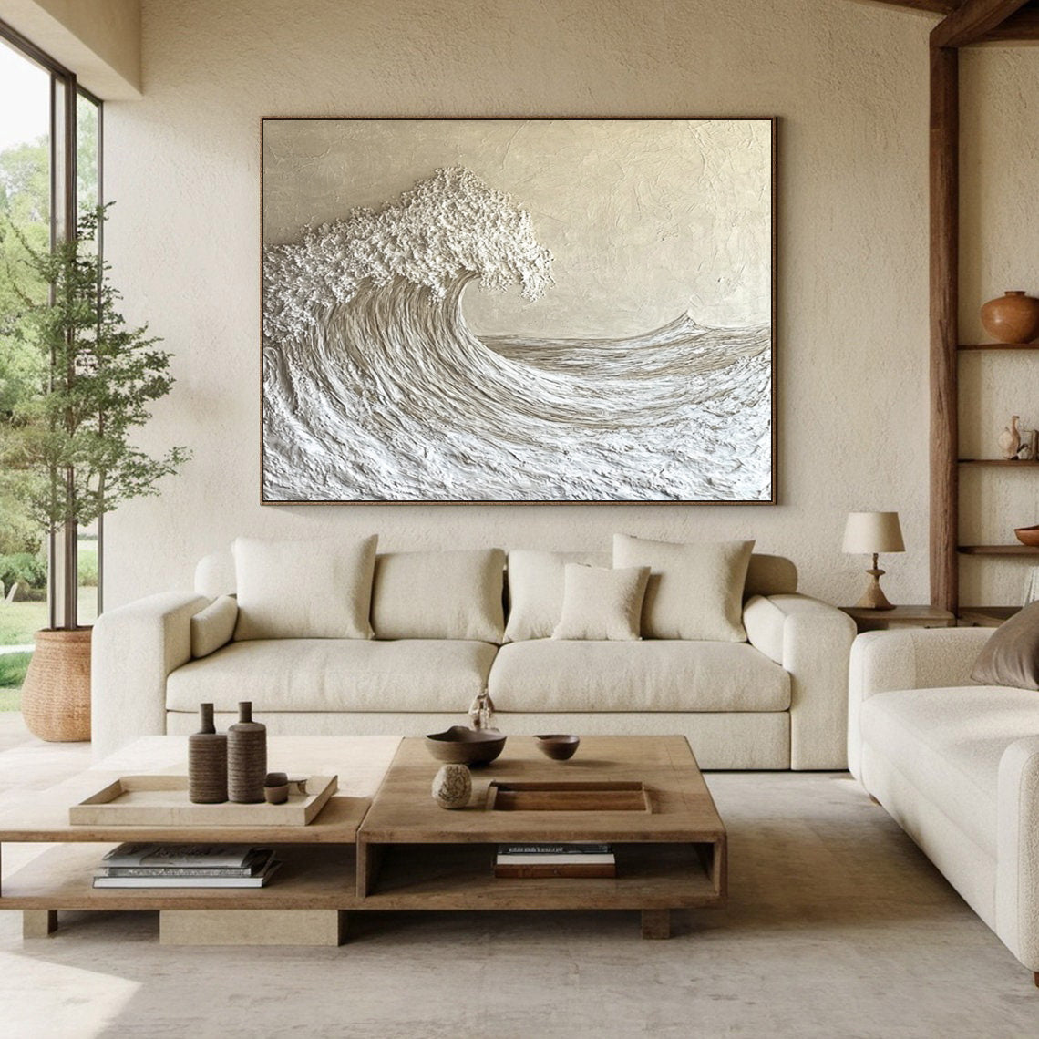 Serenity Crest: Textured White Wave Art